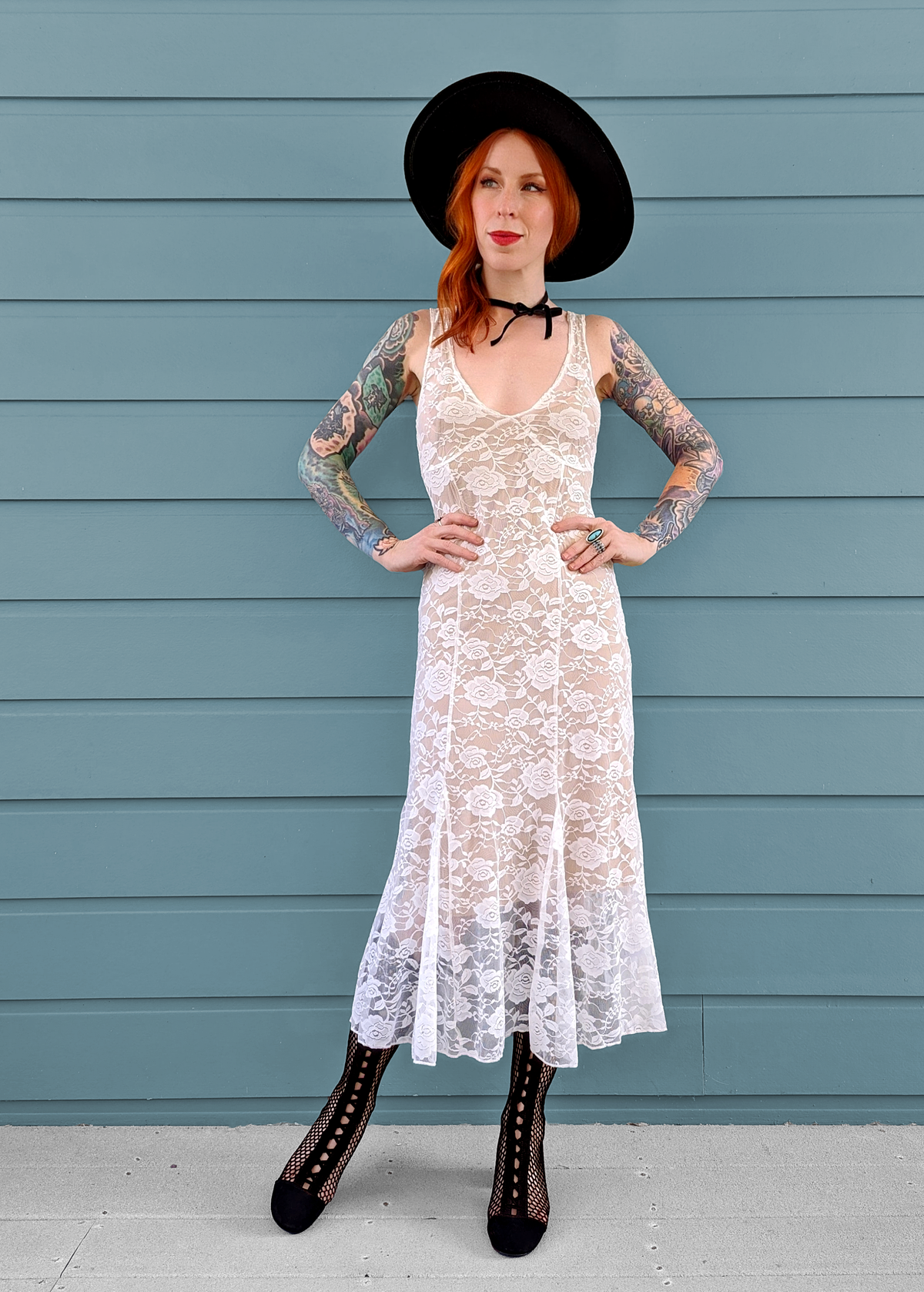 90s inspired sheer unlined white lace floral midi dress with sleeveless design and deep-v neckline by Motel Rocks