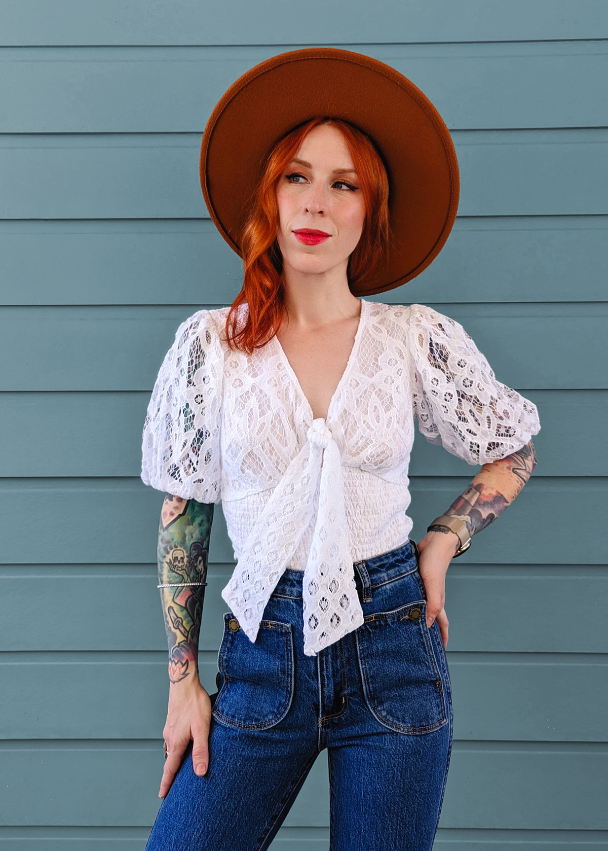 70s inspired white lace smocked tie front top with puff sleeves by Band of the Free