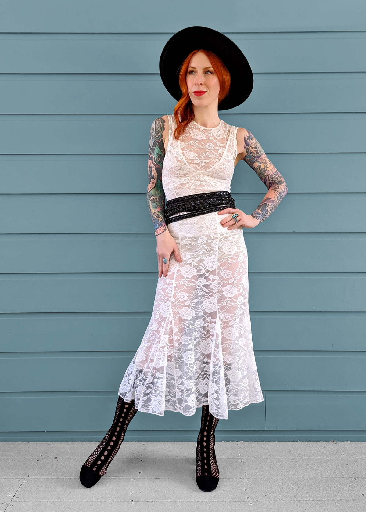 90s inspired sheer unlined white lace floral midi dress with sleeveless design and deep-v neckline by Motel Rocks