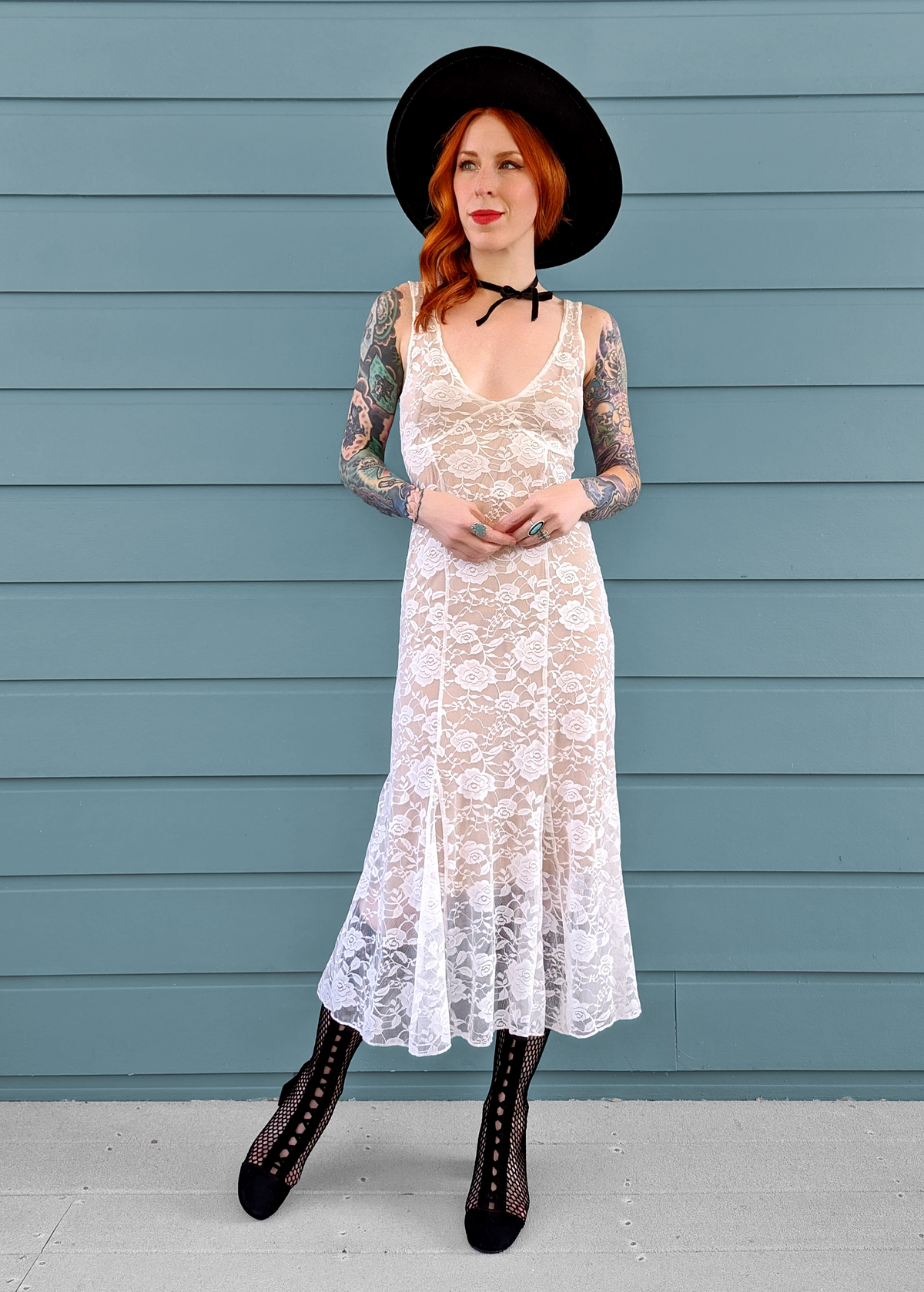 90s inspired sheer unlined white lace floral midi dress with sleeveless design and deep-v neckline by Motel Rocks