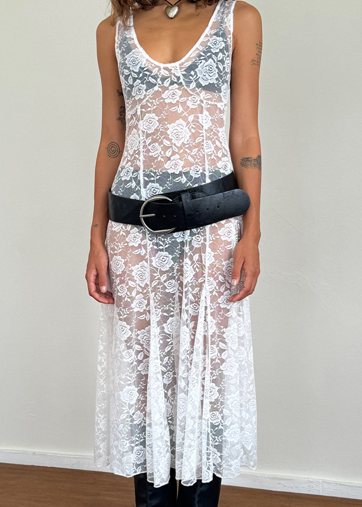 90s inspired sheer unlined white lace floral midi dress with sleeveless design and deep-v neckline by Motel Rocks