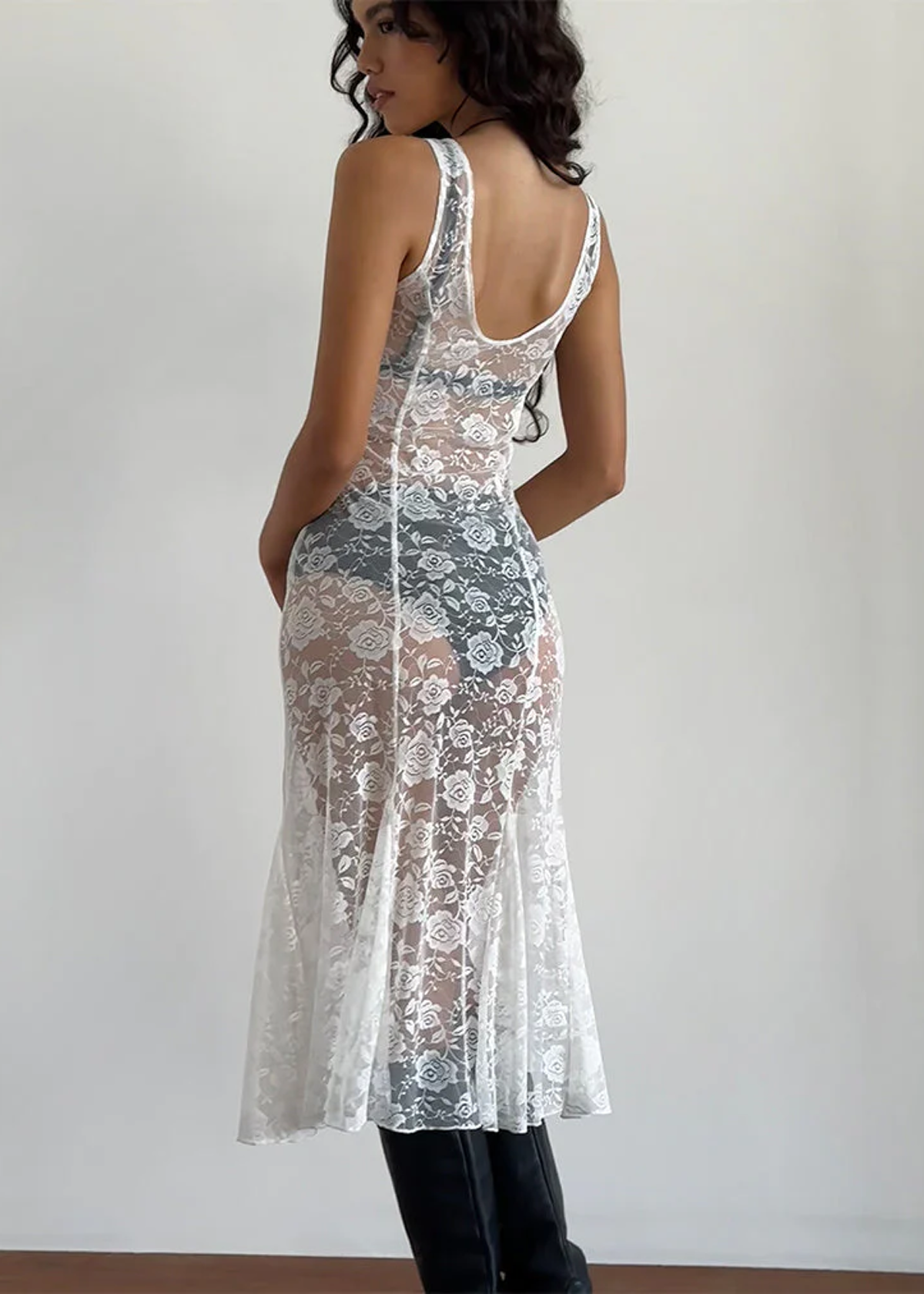 90s inspired sheer unlined white lace floral midi dress with sleeveless design and deep-v neckline by Motel Rocks