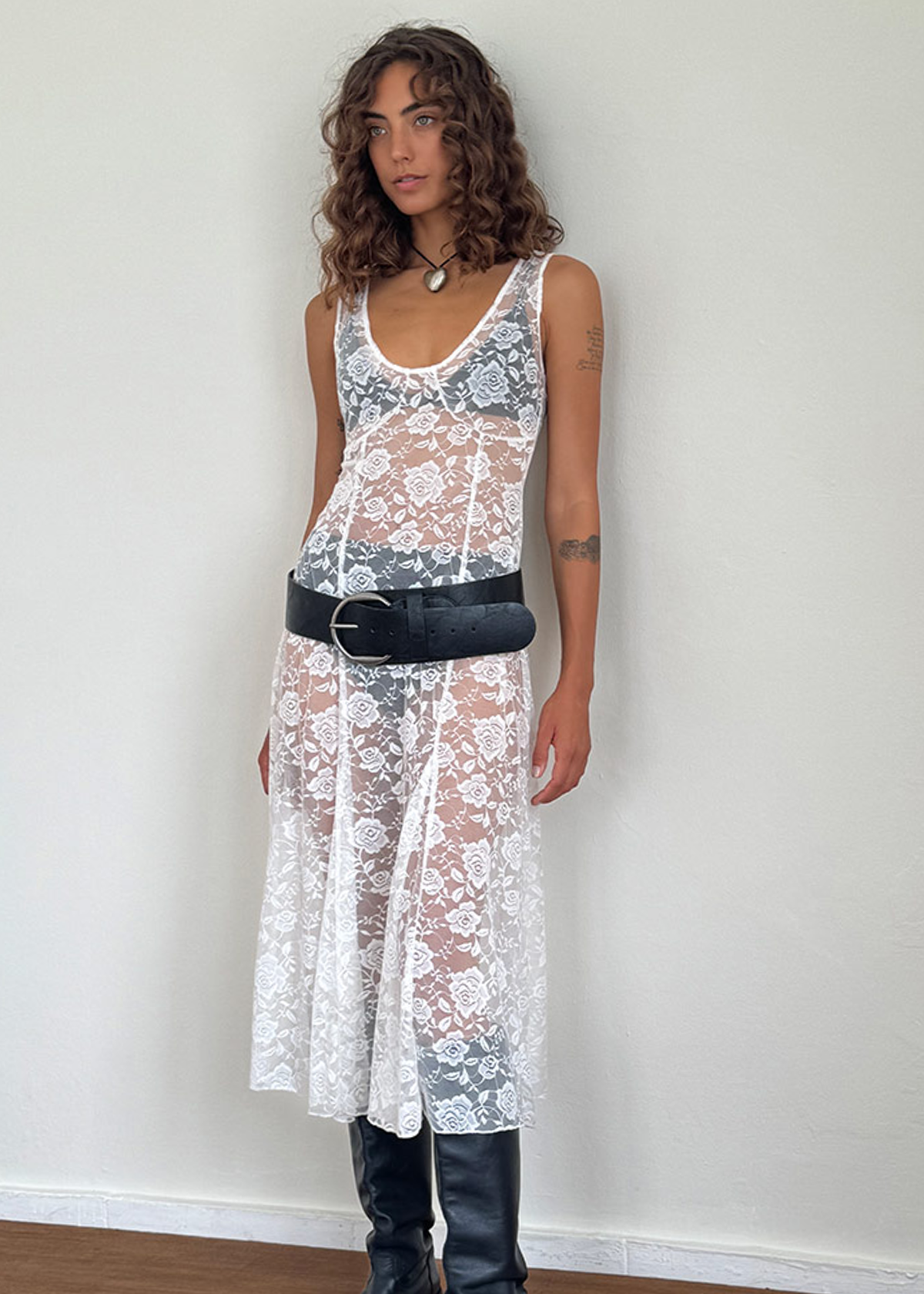 90s inspired sheer unlined white lace floral midi dress with sleeveless design and deep-v neckline by Motel Rocks