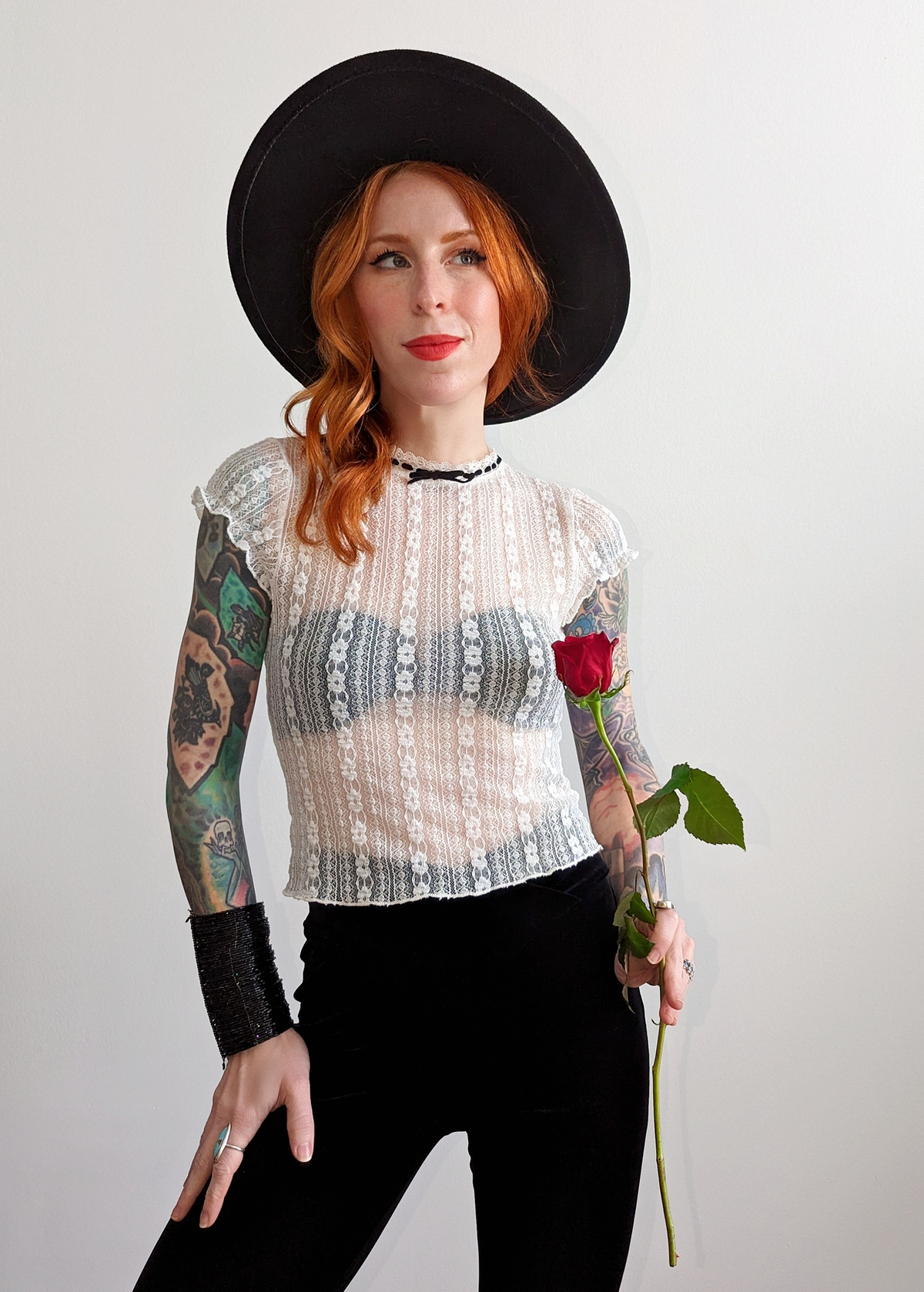 Romantic 90s inspired unlined sheer white lace cap sleeve top with velvet bow detail, by Motel Rocks