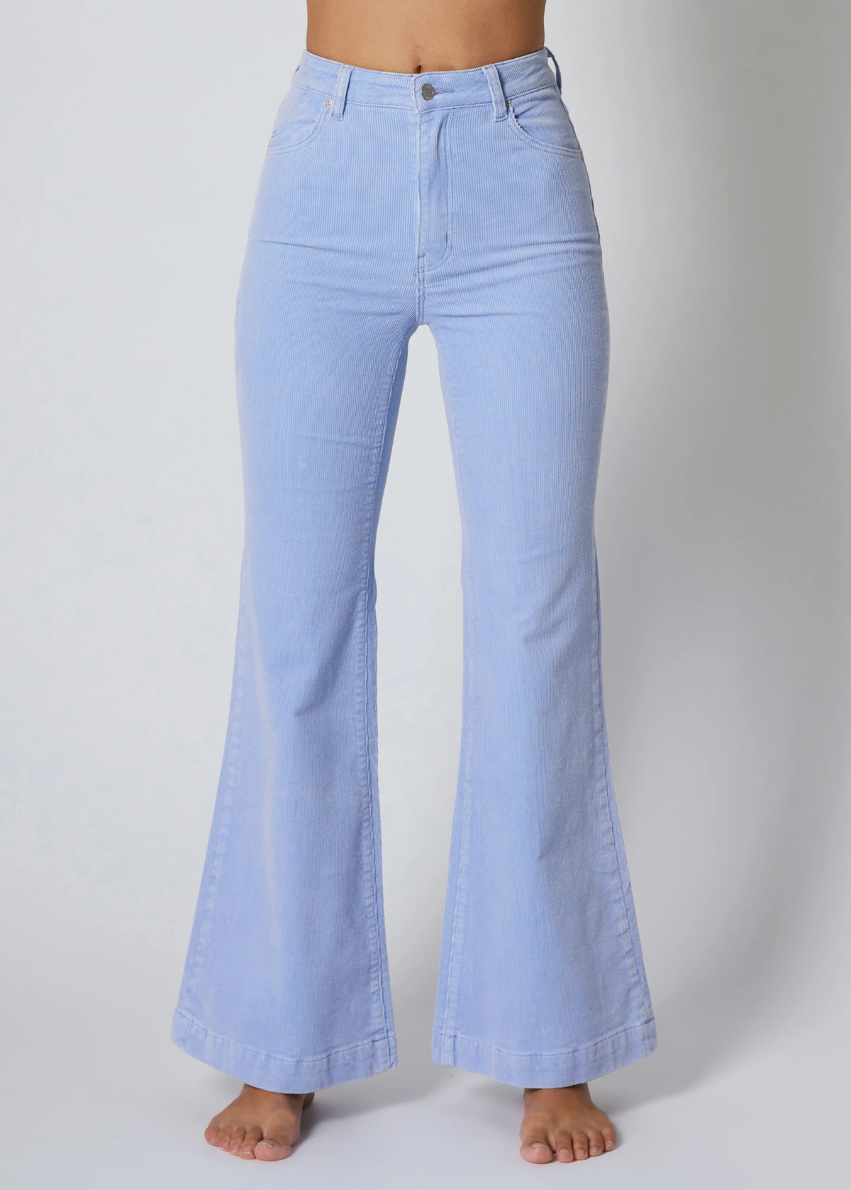 Rolla's Jeans Wisteria Blue Corduroy Flares. 70s inspired bell bottoms with a high rise waist, velvety thin wale corduroy, and a flare leg