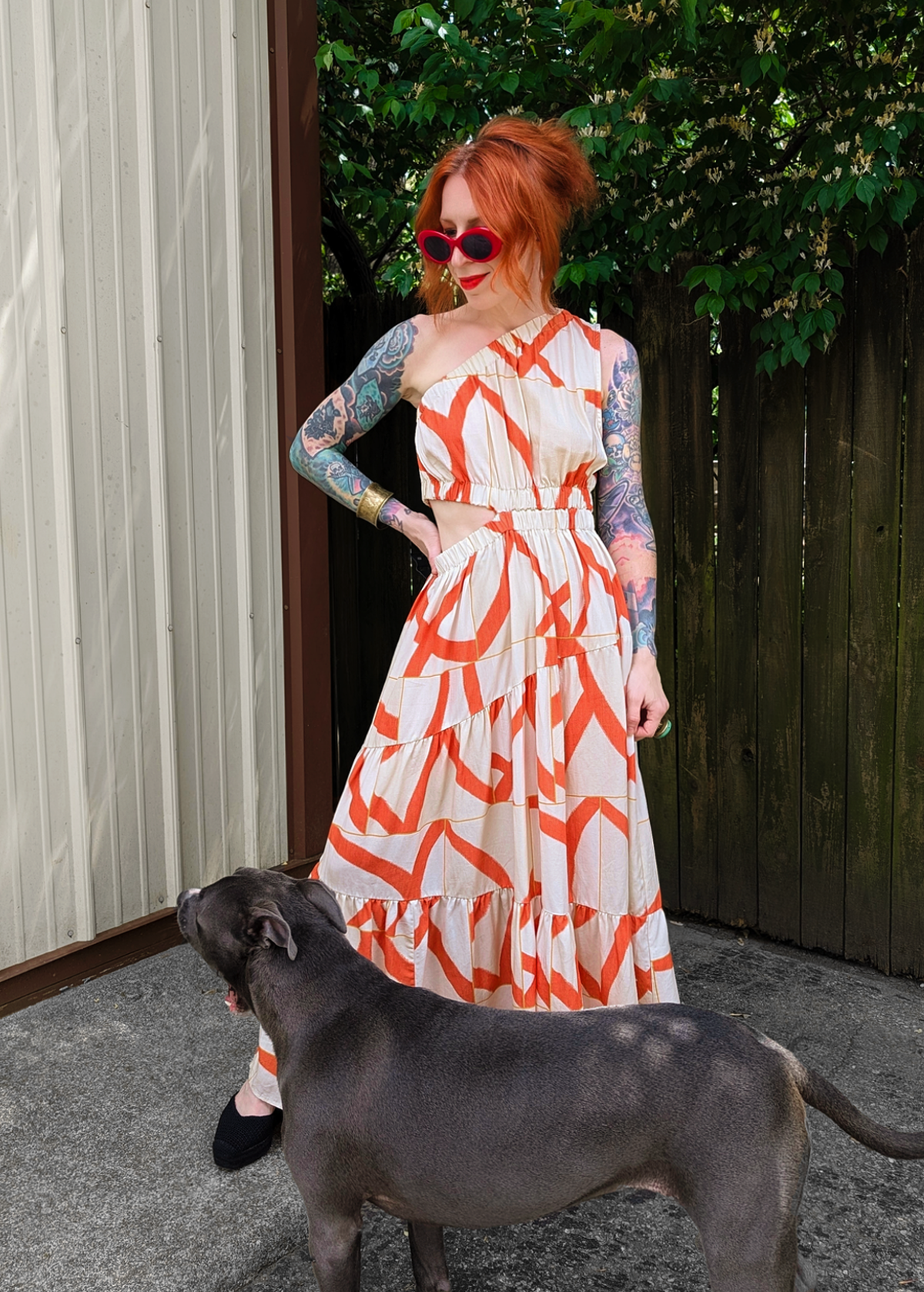 Yasmin One Shoulder Midi-Maxi Dress in Biege/Abstract Orange by Little Lies S Yasmin One Shoulder Midi-Maxi Dress in Biege/Abstract Orange by Little Lies S