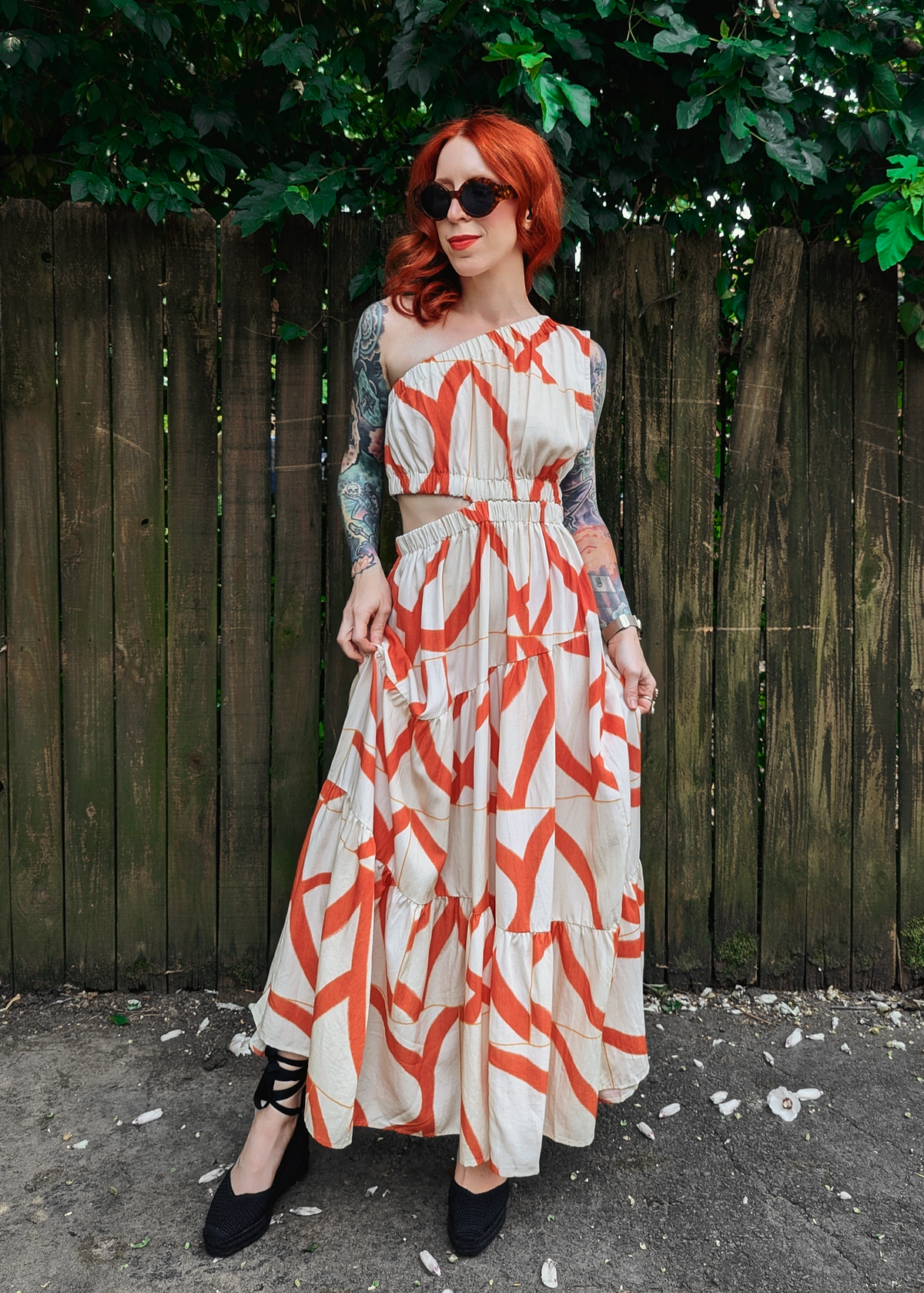 Little Lies Yasmin One Sleeve Midi-Maxi Dress. Beige and Orange abstract pattern in a linen Tencel fabrication