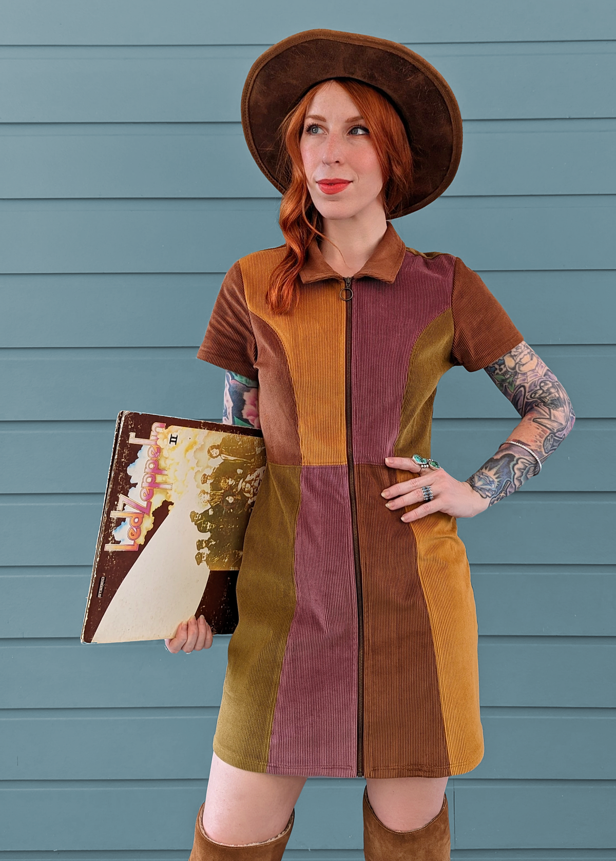 70s inspired Bambi Dawn Patchwork corduroy mini dress with zip front and collar, with mustard, mauve, brown and olive, by Nine Lives Bazaar