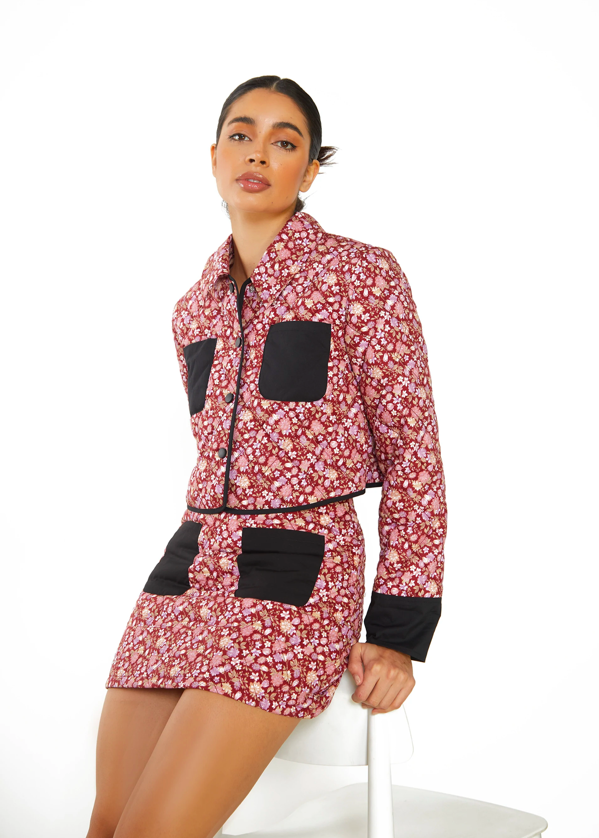 70s inspired burgundy floral quilted padded crop jacket with collar and patch front pockets by Glamorous UK