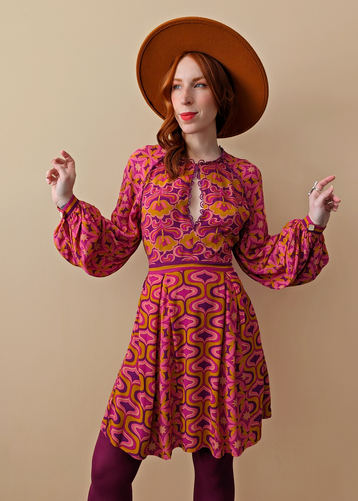 Nine Lives Bazaar Amethyst 60s inspired Floral Geometric Long Sleeve Mini Dress in Pink, Mustard, Purple