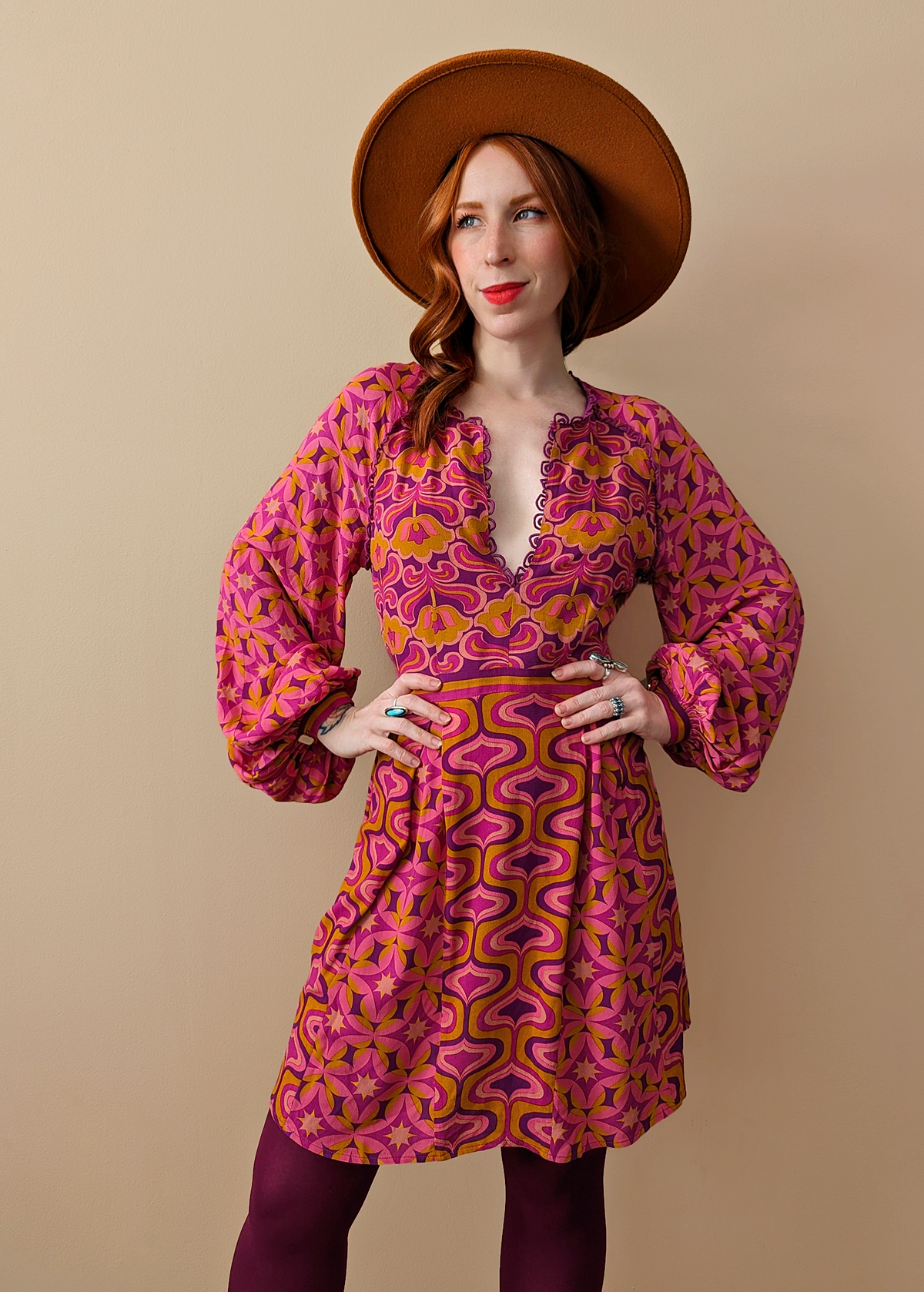 Nine Lives Bazaar Amethyst 60s inspired Floral Geometric Long Sleeve Mini Dress in Pink, Mustard, Purple