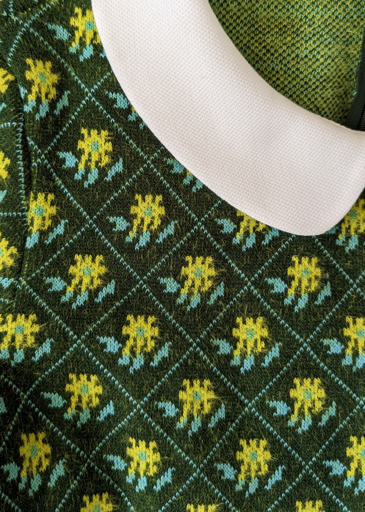 60s inspired peter pan dolly collar knit mini dress in mossy green with floral pattern all over by Glamorous UK