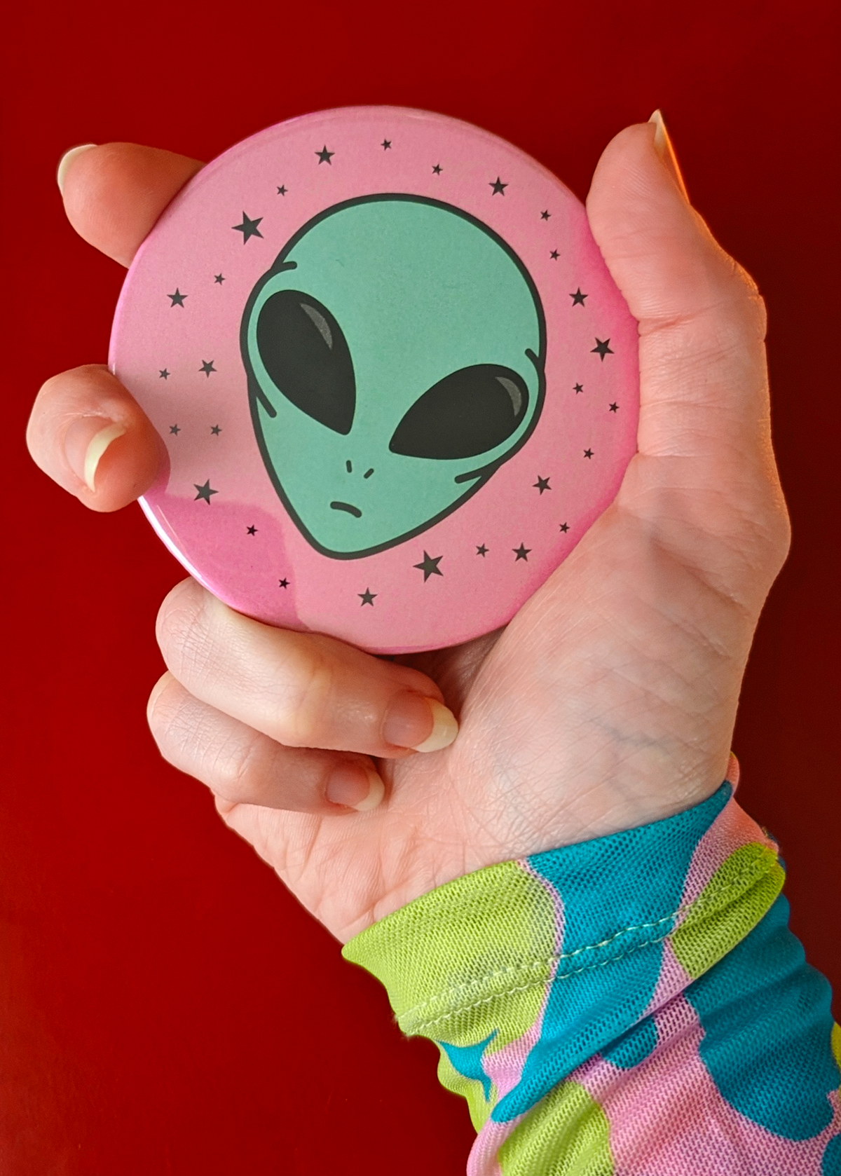 Alien Face Mini Pocket Mirror in Pink and Seafoam Green