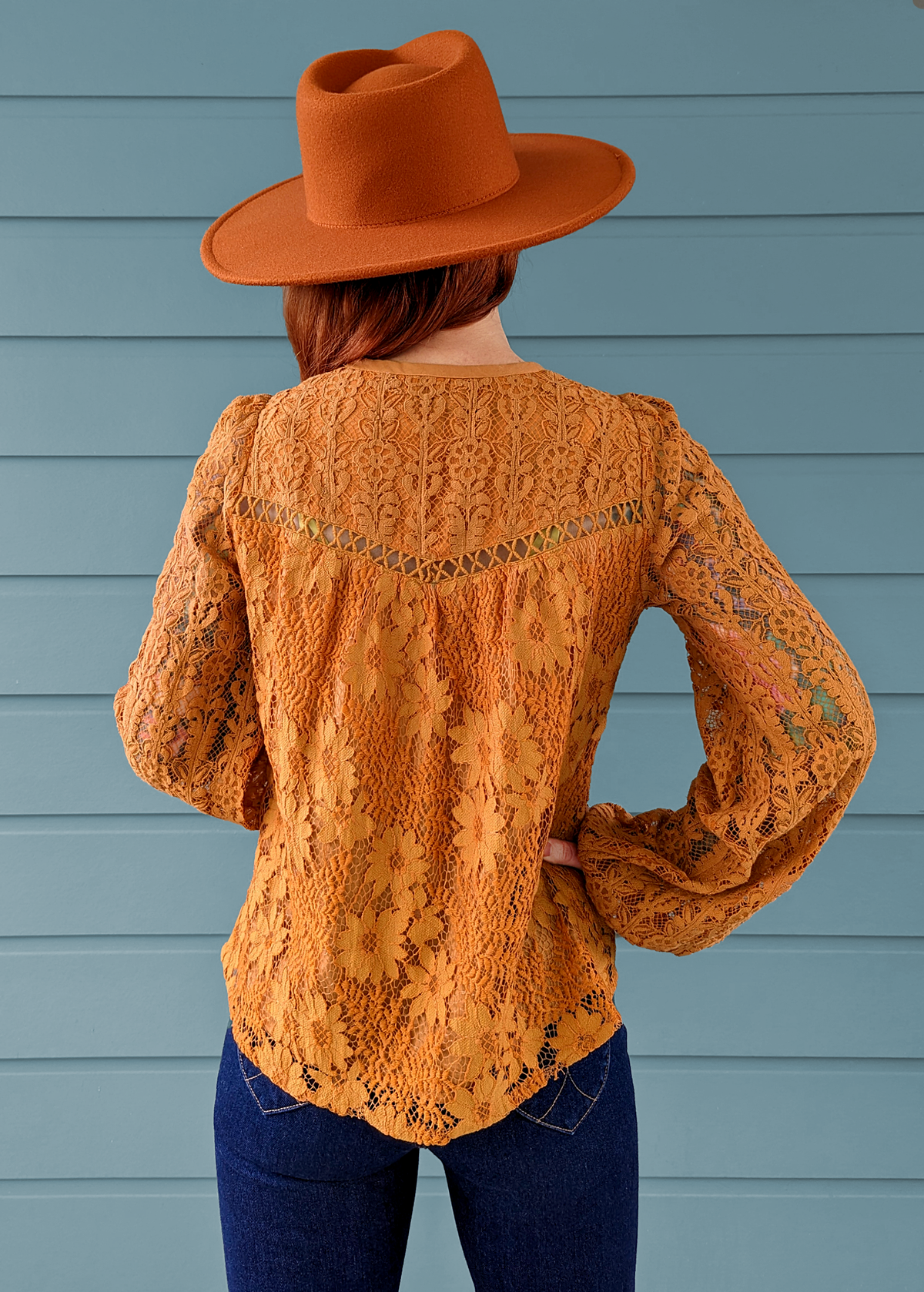 Nine Lives Bazaar Amber Orange Mila Lace 70s inspired blouse