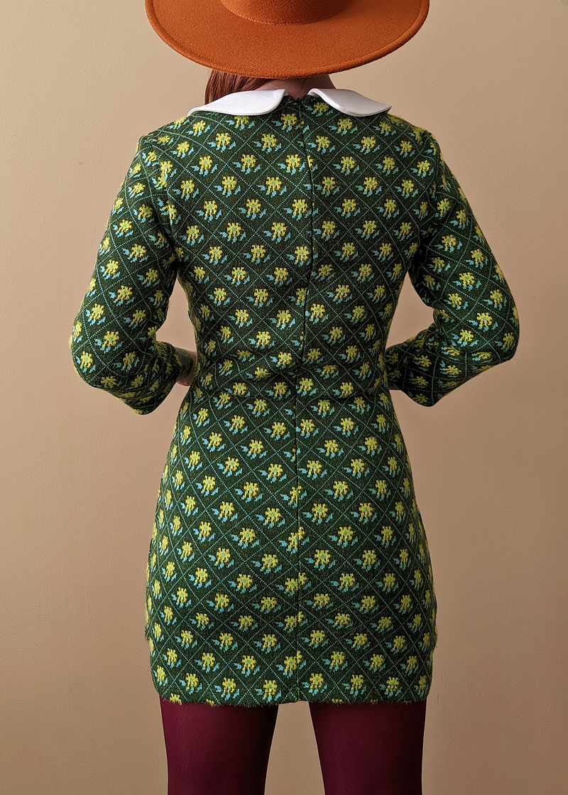 60s inspired peter pan dolly collar knit mini dress in mossy green with floral pattern all over by Glamorous UK