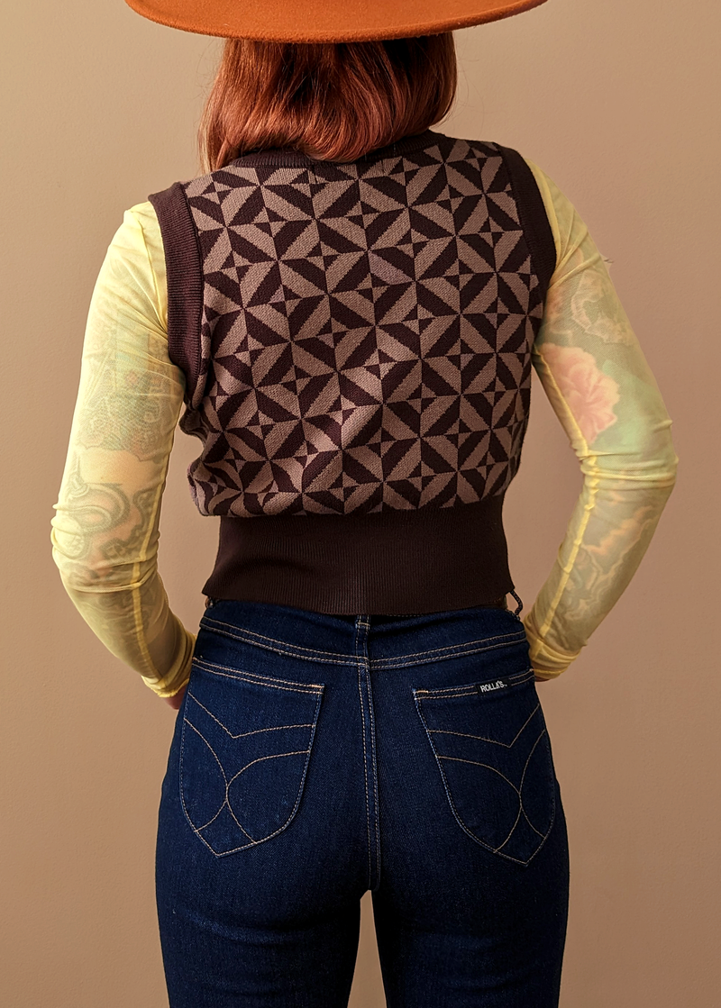70s inspired geo coffee brown knit sweater vest by Motel Rocks