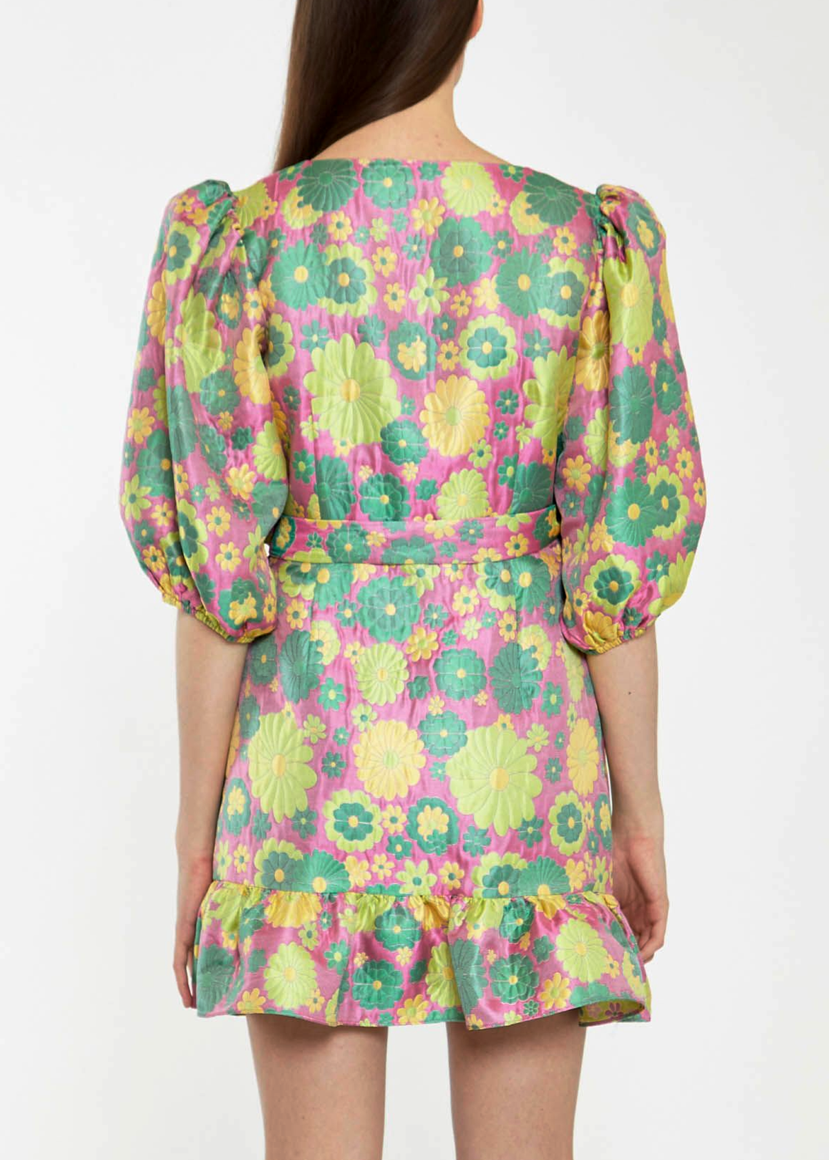 60s inspired brocade floral wrap mini dress with puff sleeves and ruffle hem, in pink, yellow, and green, by Glamorous UK
