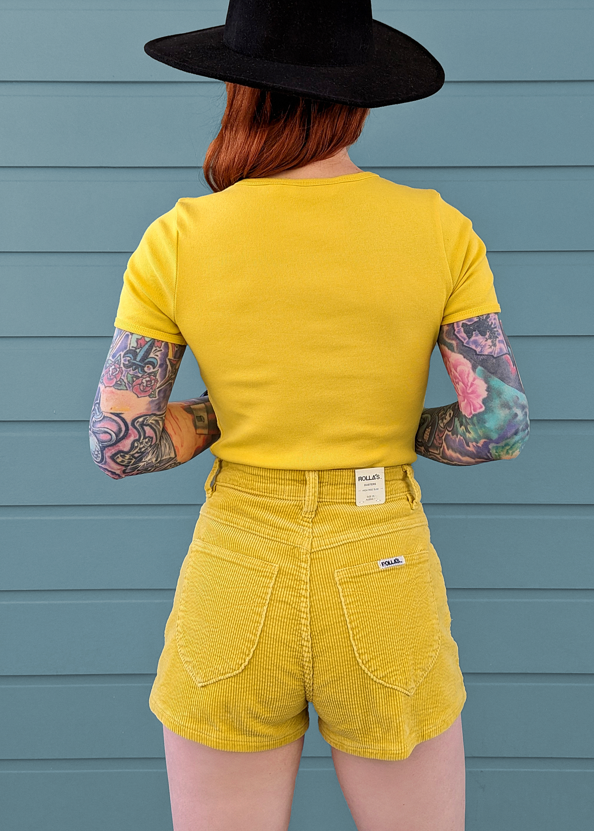 Gold Yellow Stretch Corduroy Dusters Shorts with high rise waist by Rolla's Jeans