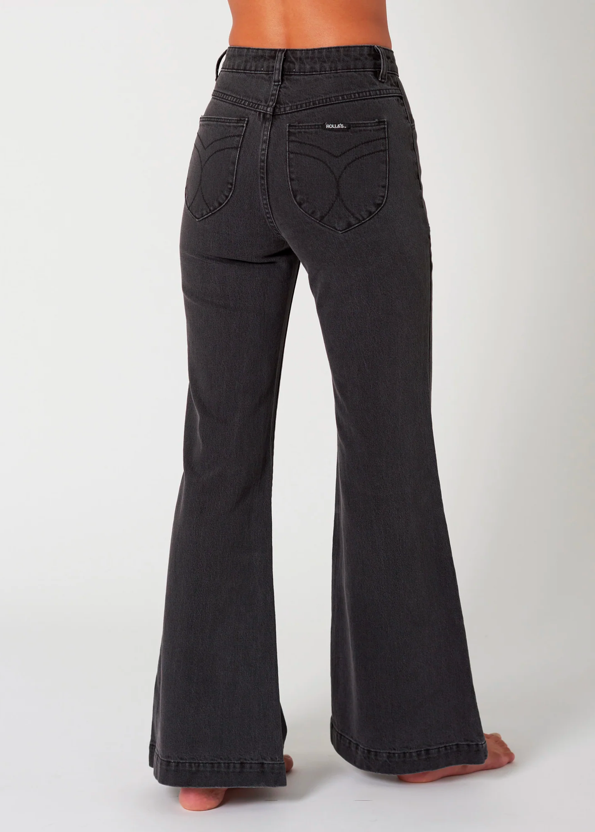 70s inspired faded Brad Black High Rise Waist Stretch Denim Eastcoast flares by Rolla's Jeans