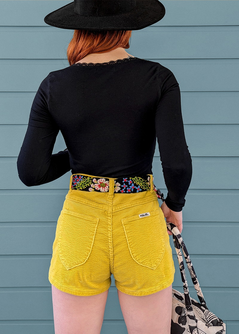 Gold Yellow Stretch Corduroy Dusters Shorts with high rise waist by Rolla's Jeans