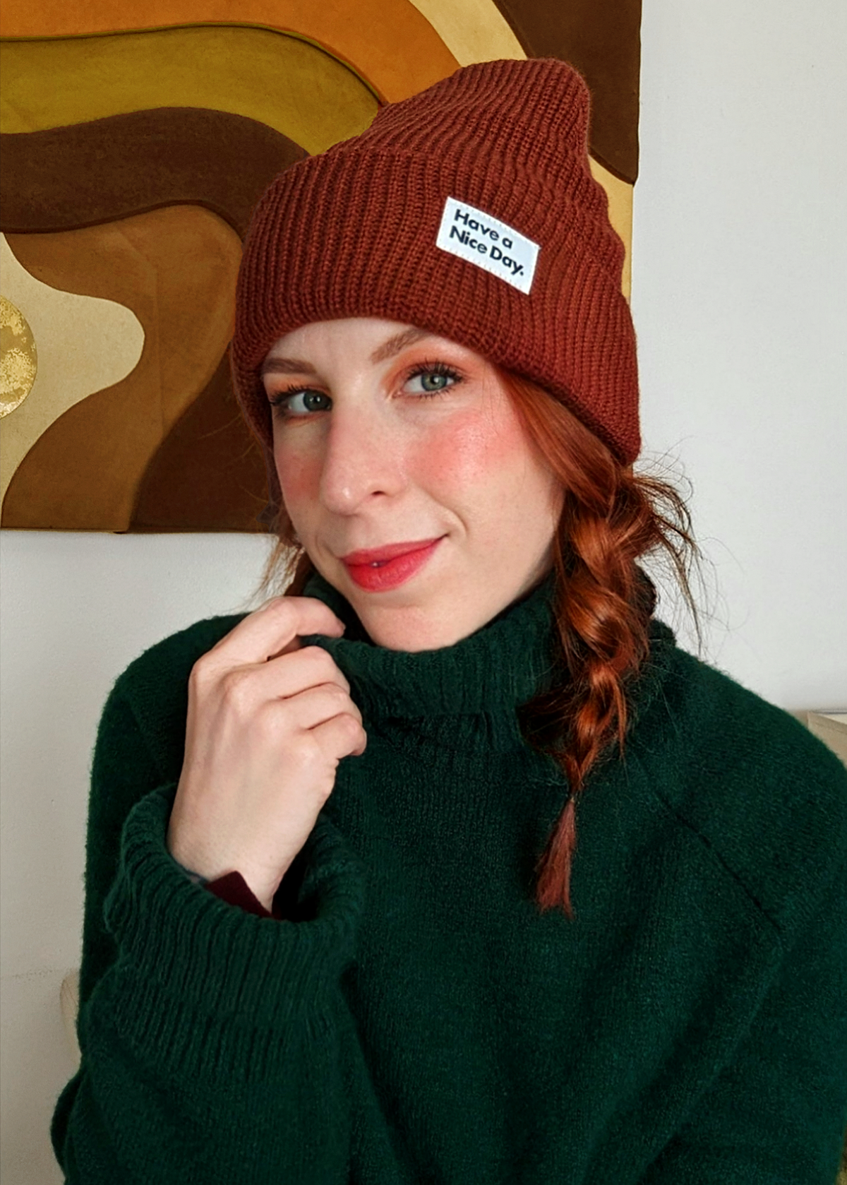 Have a Nice Day Clay Rust Red Brown Knit Beanie with Have a Nice Day Patch