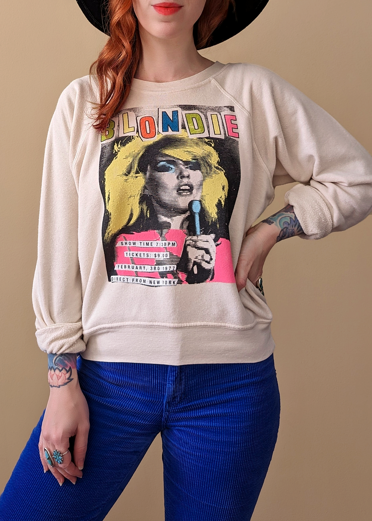 Daydreamer LA Cream Dirty White Raglan Crew Neck Sweatshirt with colorful Blondie 1977 Showtime graphics at front, made in California and officially licensed