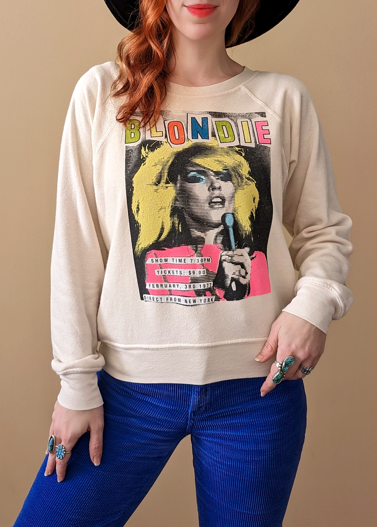 Daydreamer LA Cream Dirty White Raglan Crew Neck Sweatshirt with colorful Blondie 1977 Showtime graphics at front, made in California and officially licensed