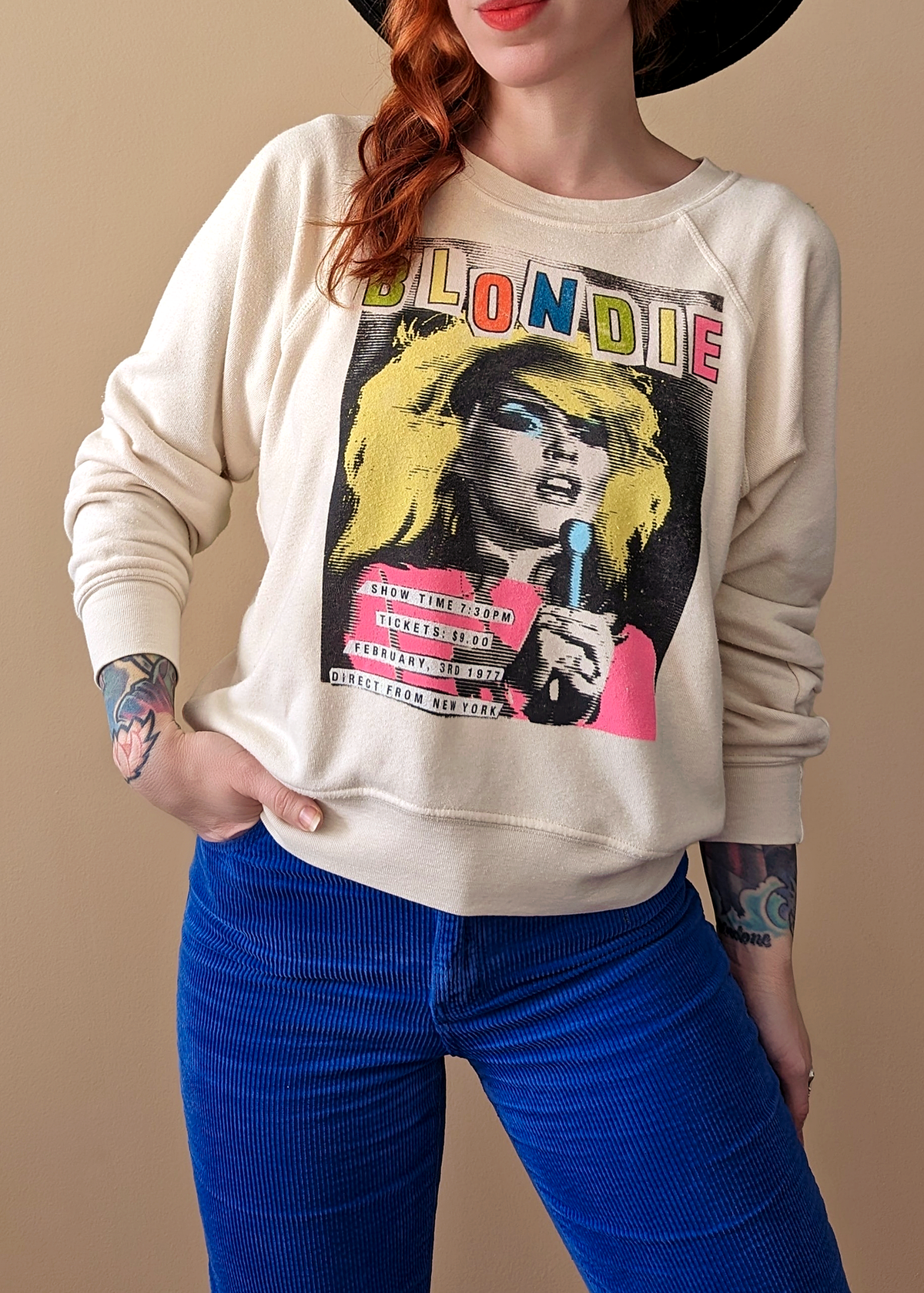 Daydreamer LA Cream Dirty White Raglan Crew Neck Sweatshirt with colorful Blondie 1977 Showtime graphics at front, made in California and officially licensed