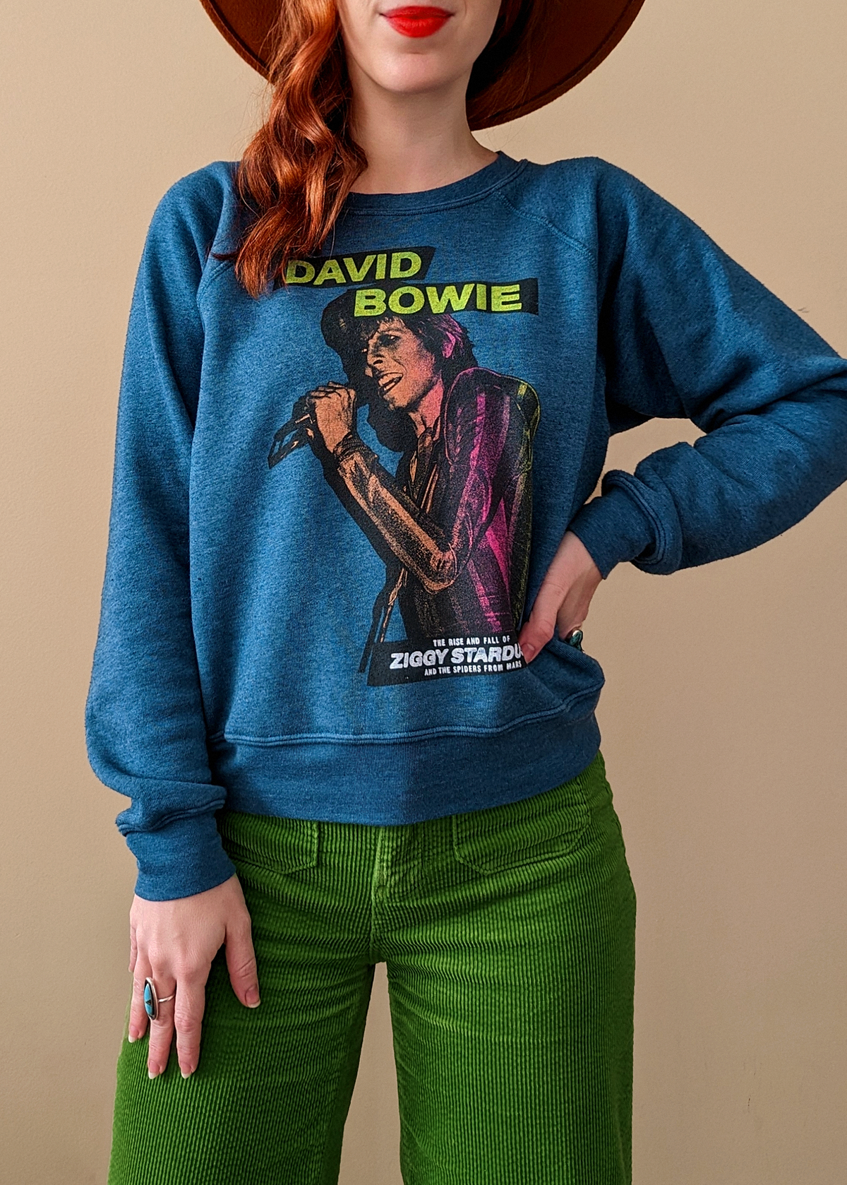 Super soft David Bowie Ziggy Stardust raglan crew neck sweatshirt in teal by Daydreamer LA, made in California and officially licensed