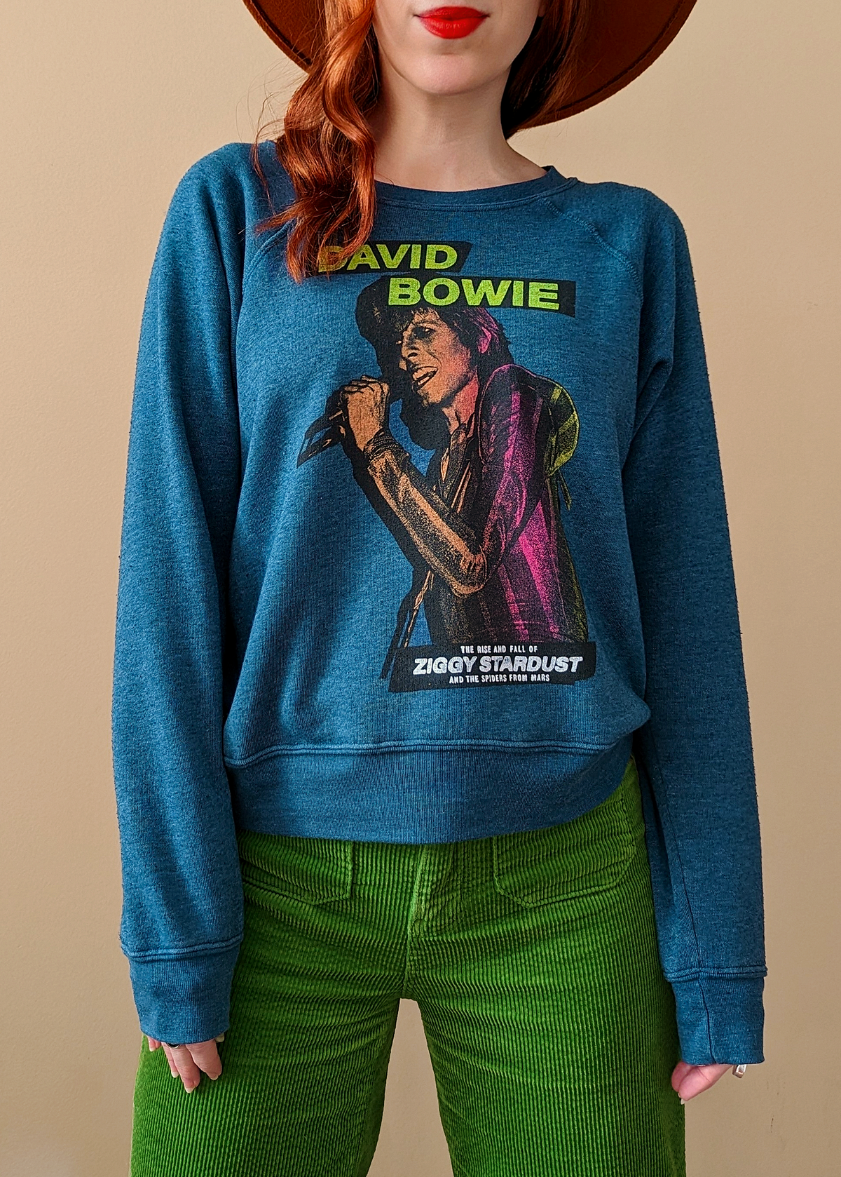 Super soft David Bowie Ziggy Stardust raglan crew neck sweatshirt in teal by Daydreamer LA, made in California and officially licensed