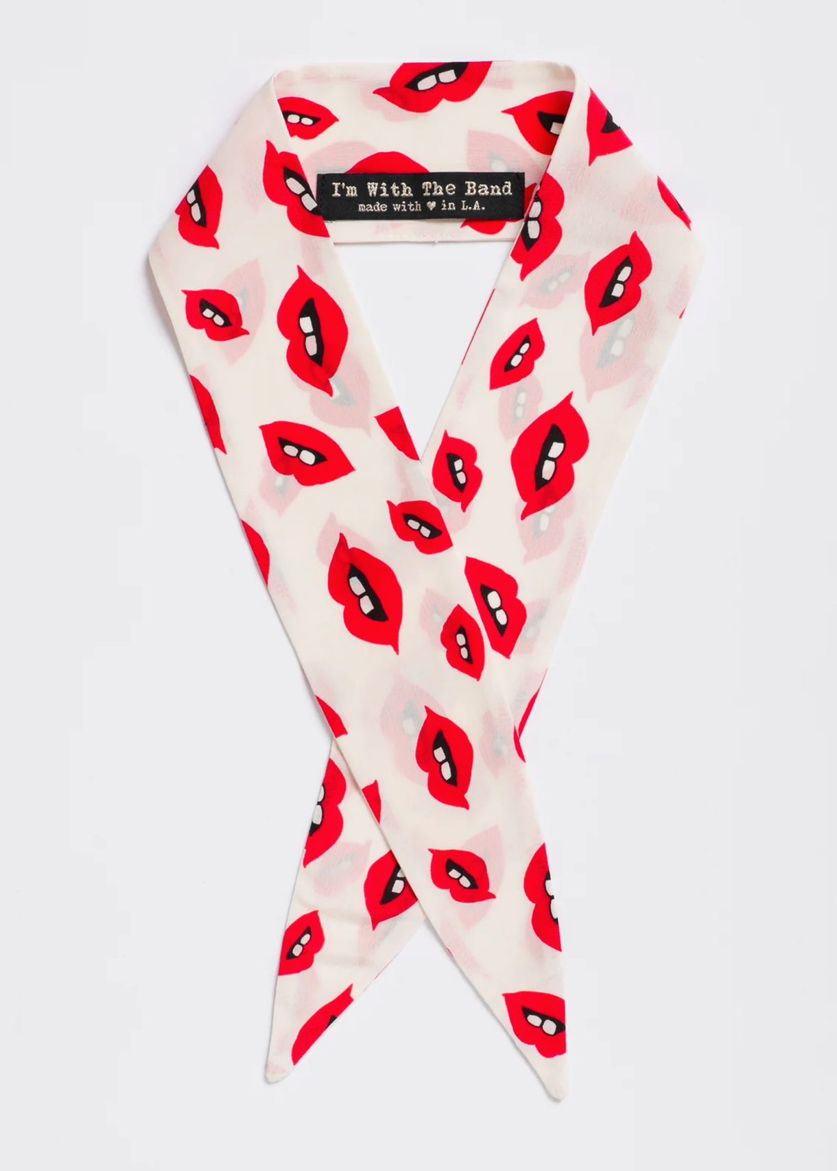 70s inspired white and red lips silk scarf tie by I'm With the Band, handmade in california
