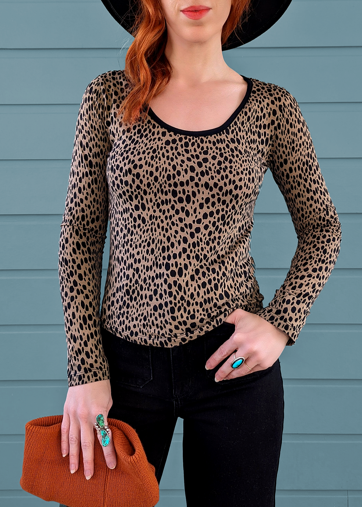 Stretch Cotton Cheetah Print scoop neck long sleeve tee shirt by Motel Rocks