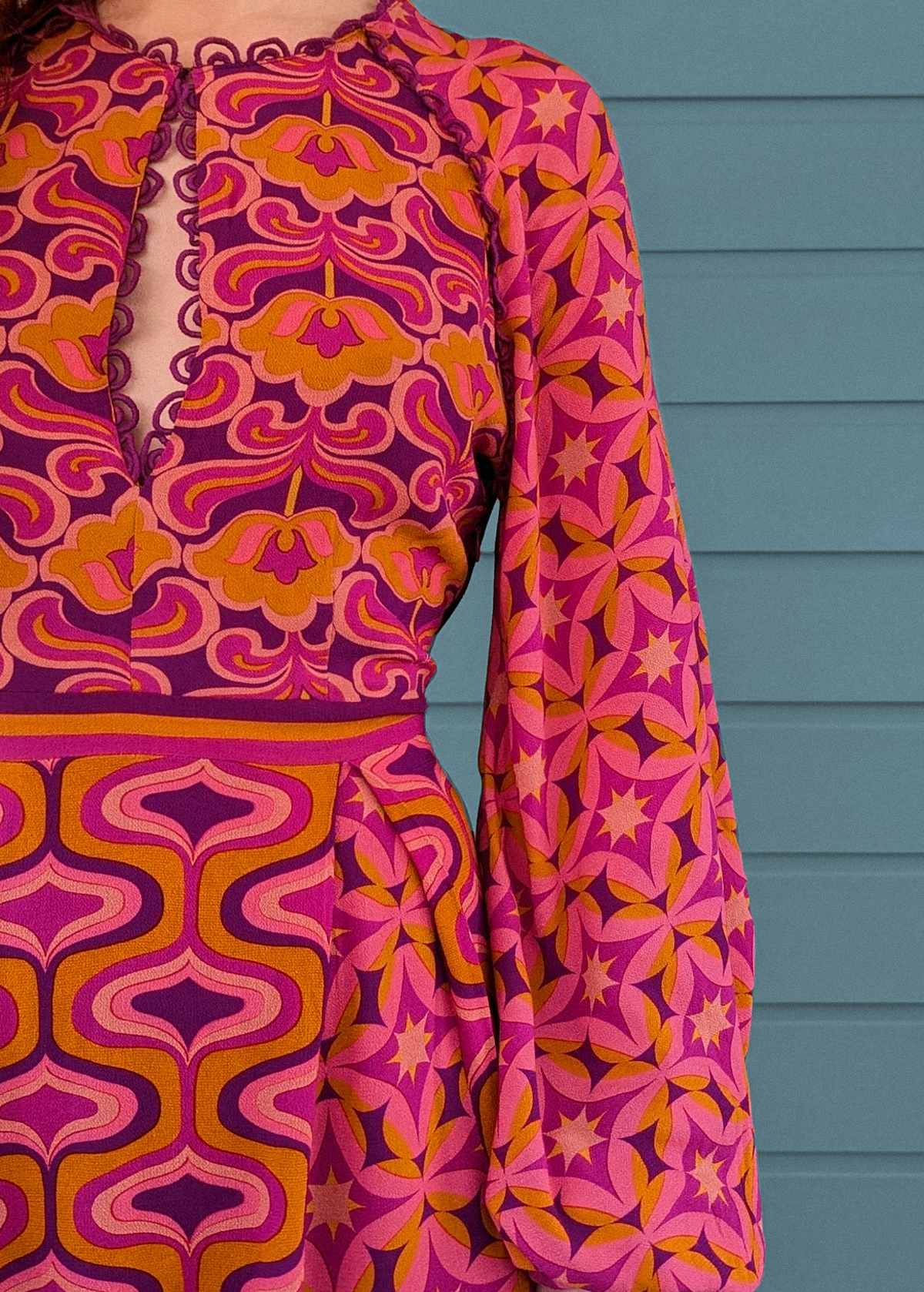 Nine Lives Bazaar Amethyst 60s inspired Floral Geometric Long Sleeve Mini Dress in Pink, Mustard, Purple