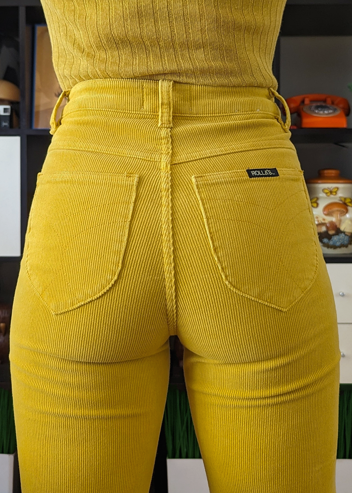 Gold Yellow Stretch Corduroy Ankle Crop Length Eastcoast Flares with high rise waist by Rolla's Jeans