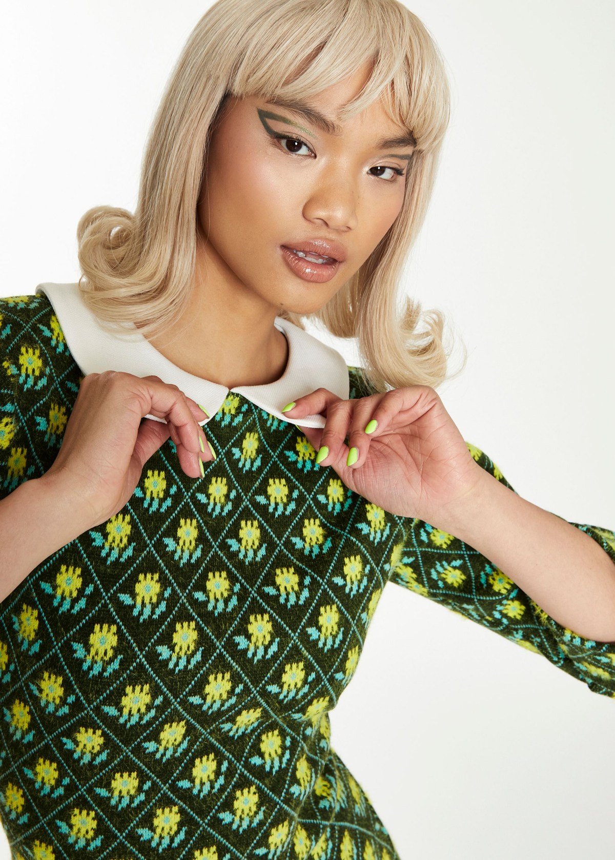 60s inspired peter pan dolly collar knit mini dress in mossy green with floral pattern all over by Glamorous UK