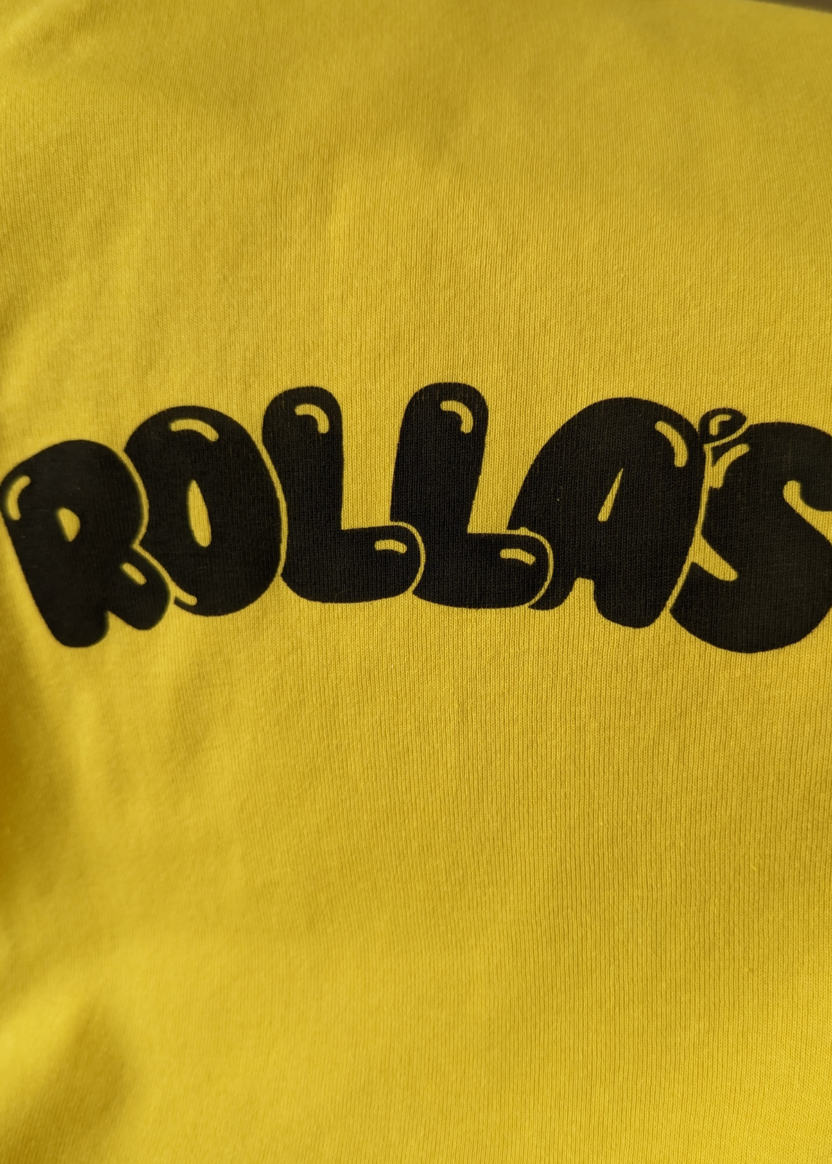 70s inspired golden yellow rib ringer tee with Rolla's bubble graphics at front in black, by Rolla's Jeans