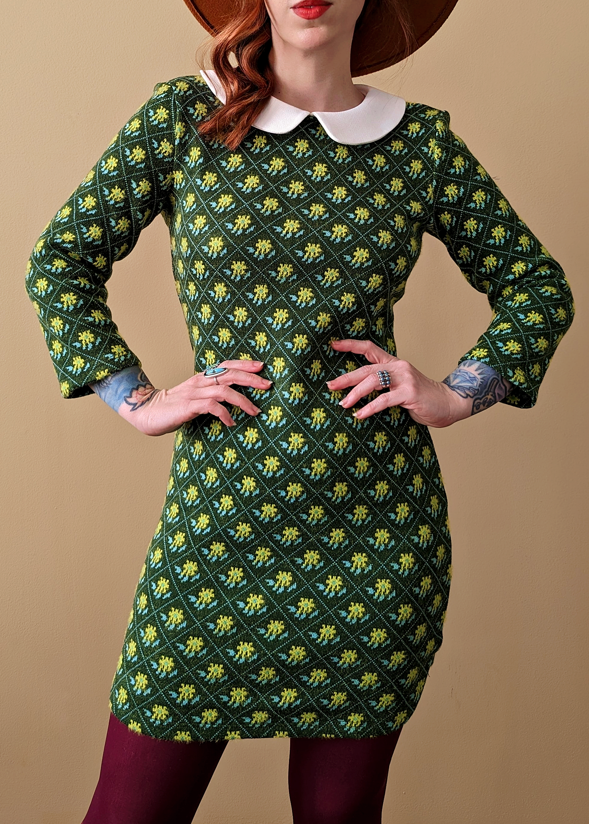 60s inspired peter pan dolly collar knit mini dress in mossy green with floral pattern all over by Glamorous UK