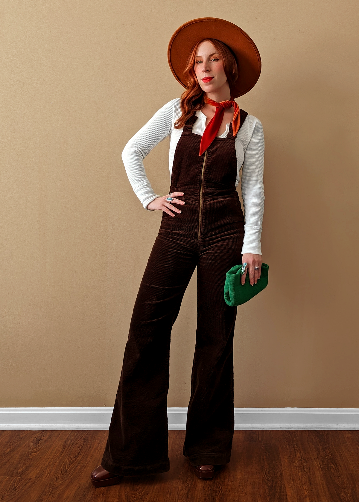 70s inspired brown stretch corduroy zip front Eastcoast Overall Jumpsuit Flares by Rolla's Jeans