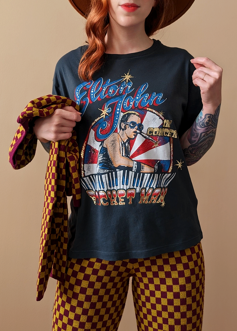Elton John Rocket Man band tee with gold details by Daydreamer LA, officially licensed and made in California 