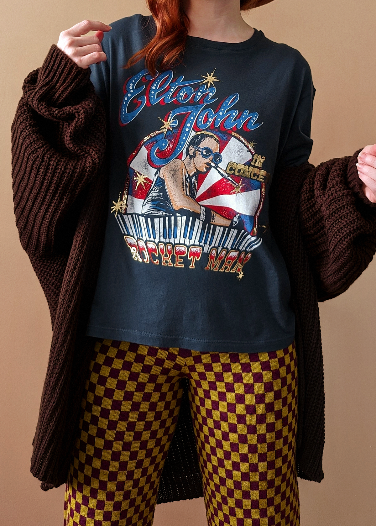 Elton John Rocket Man band tee with gold details by Daydreamer LA, officially licensed and made in California 