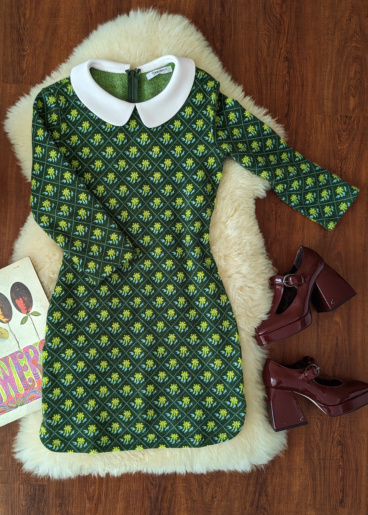 60s inspired peter pan dolly collar knit mini dress in mossy green with floral pattern all over by Glamorous UK