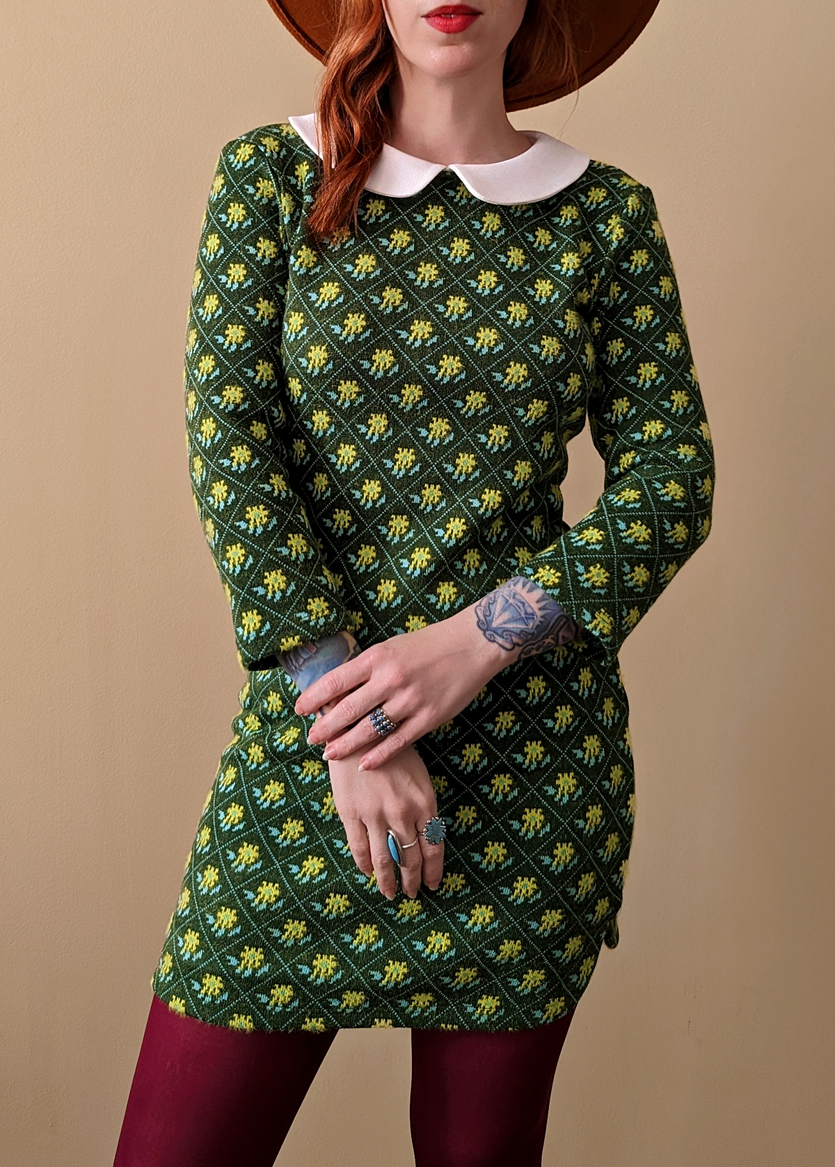 60s inspired peter pan dolly collar knit mini dress in mossy green with floral pattern all over by Glamorous UK