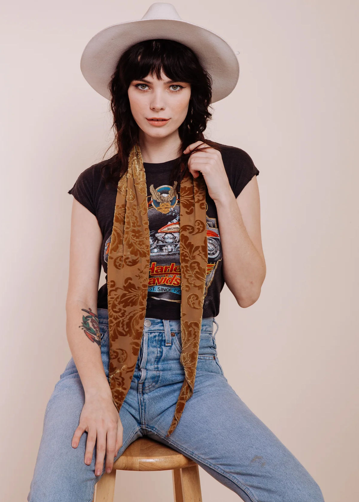 Hendrix Burnout Floral Gold Yellow Velvet long skinny scarf neck tie by I'm With the Band, made in California