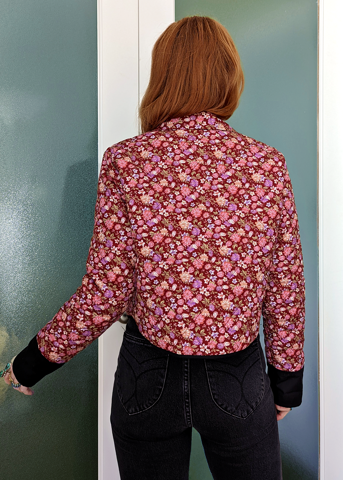 70s inspired burgundy floral quilted padded crop jacket with collar and patch front pockets by Glamorous UK