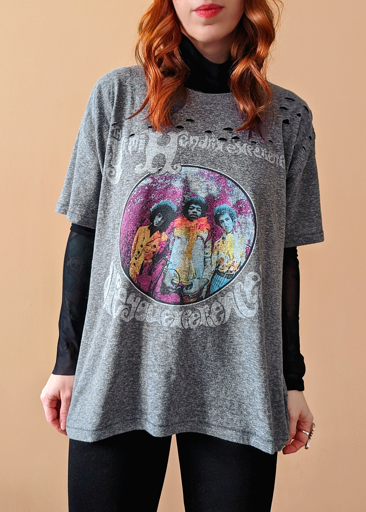 60s inspired Jimi Hendrix Experience Are You Experienced slouchy fit grey tee by daydreamer la, officially licensed and made in california, destroyed details