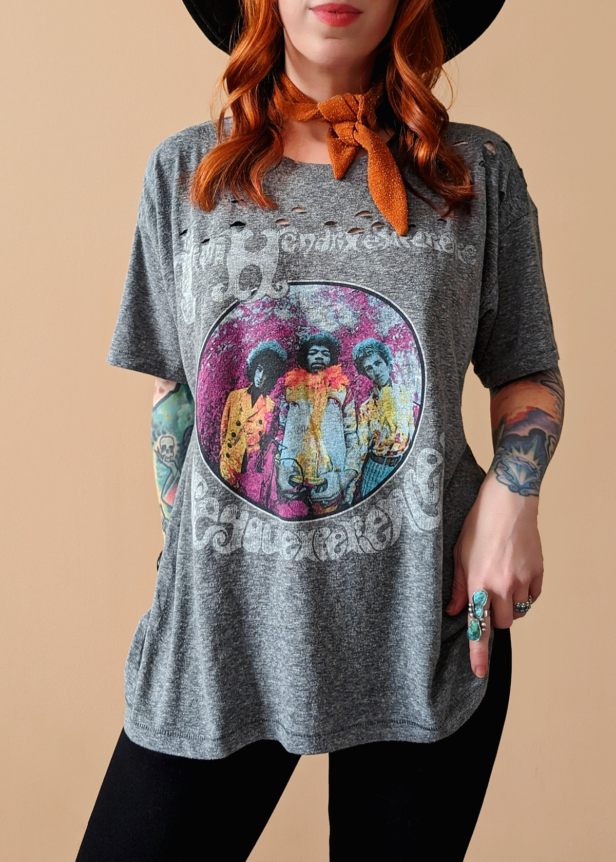 60s inspired Jimi Hendrix Experience Are You Experienced slouchy fit grey tee by daydreamer la, officially licensed and made in california, destroyed details