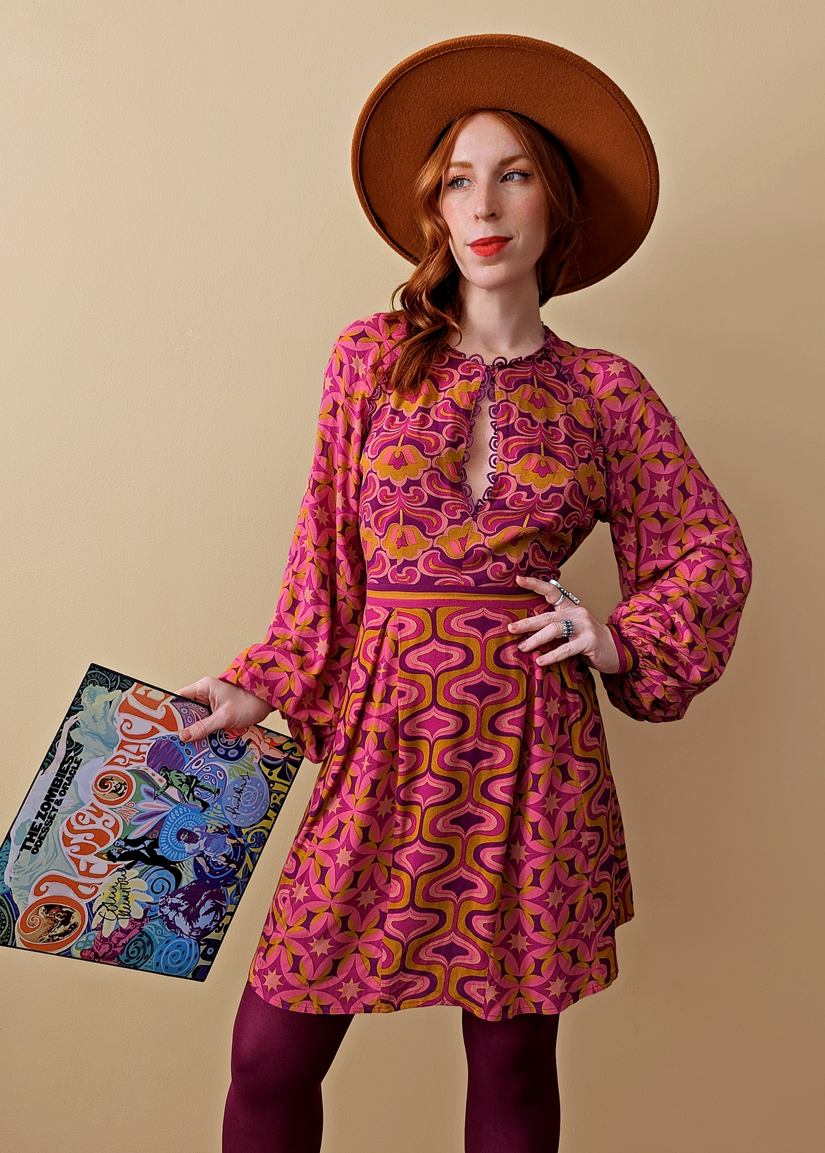 Nine Lives Bazaar Amethyst 60s inspired Floral Geometric Long Sleeve Mini Dress in Pink, Mustard, Purple