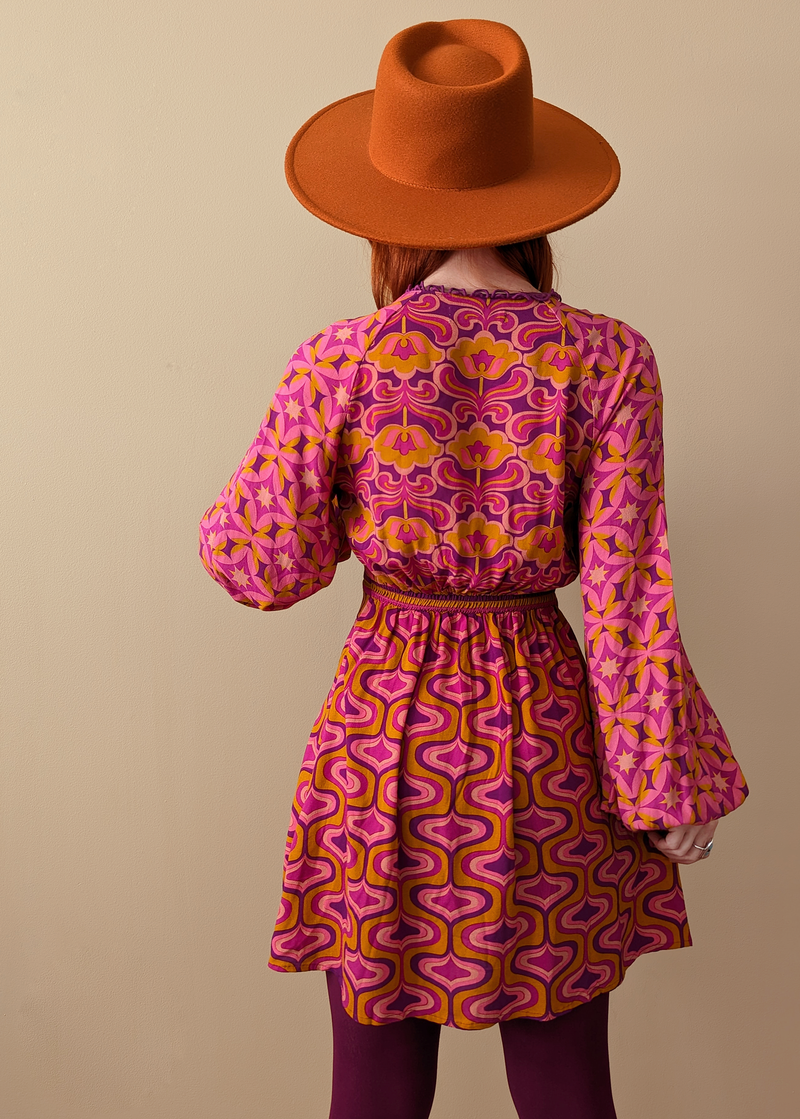 Nine Lives Bazaar Amethyst 60s inspired Floral Geometric Long Sleeve Mini Dress in Pink, Mustard, Purple