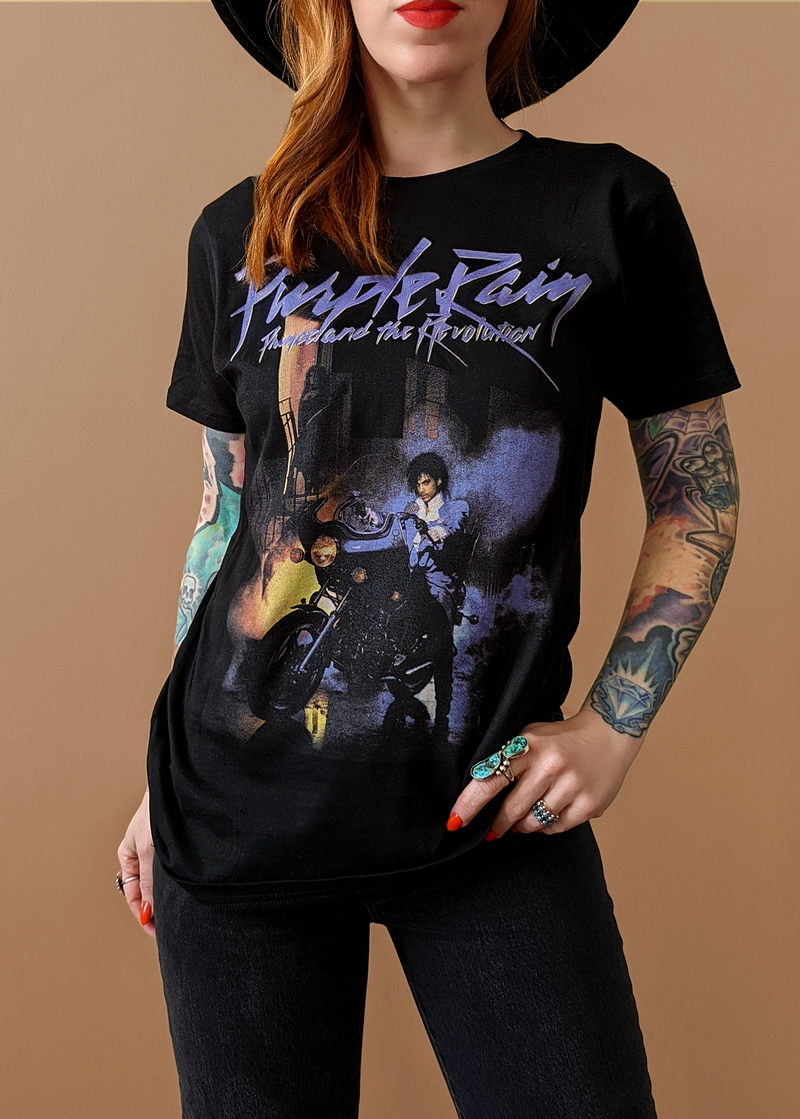 Unisex Oversized Purple Rain Prince and the Revolution tee in black with purple accents