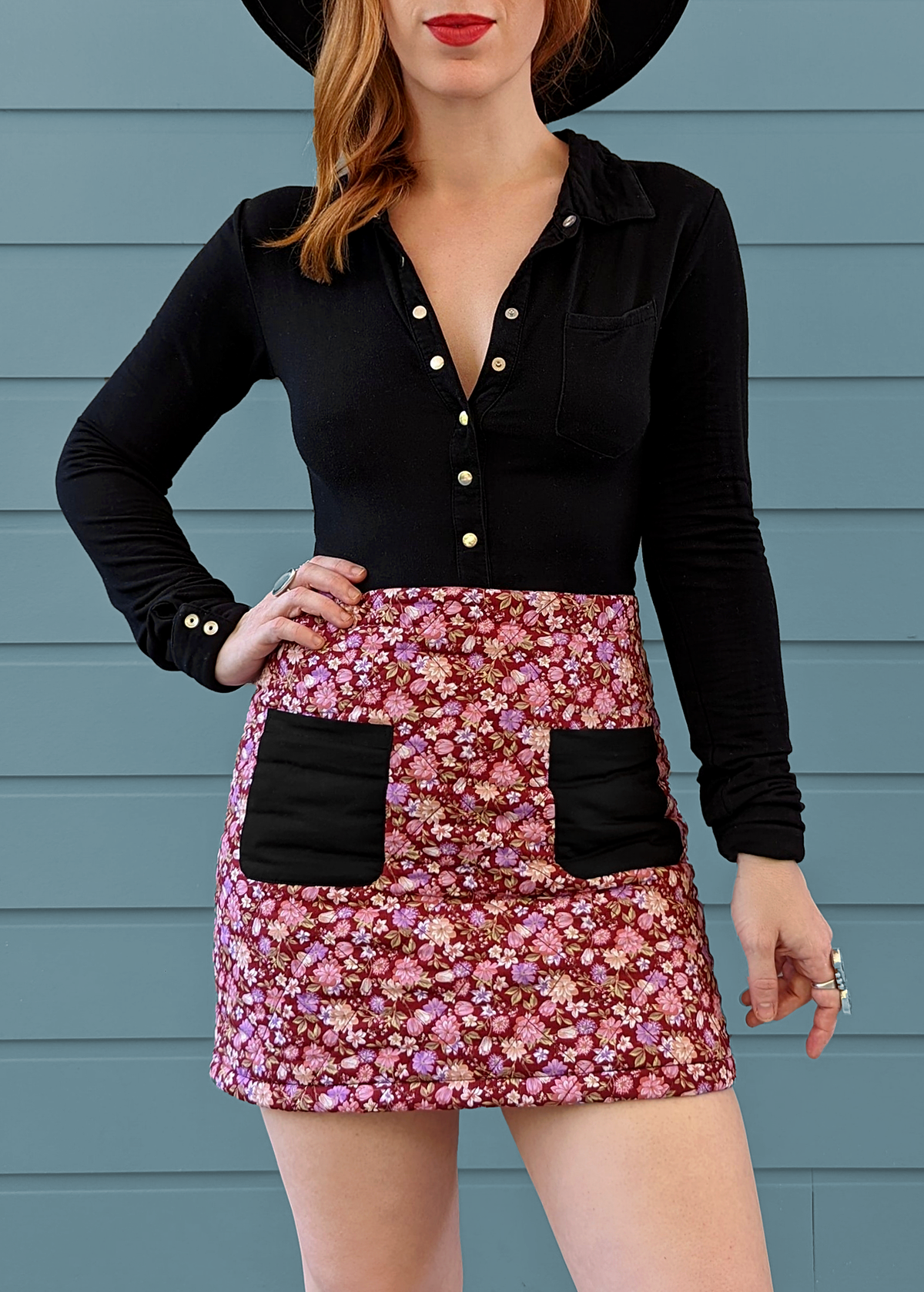 70s inspired burgundy floral quilted padded mini skirt with patch front pockets by Glamorous UK